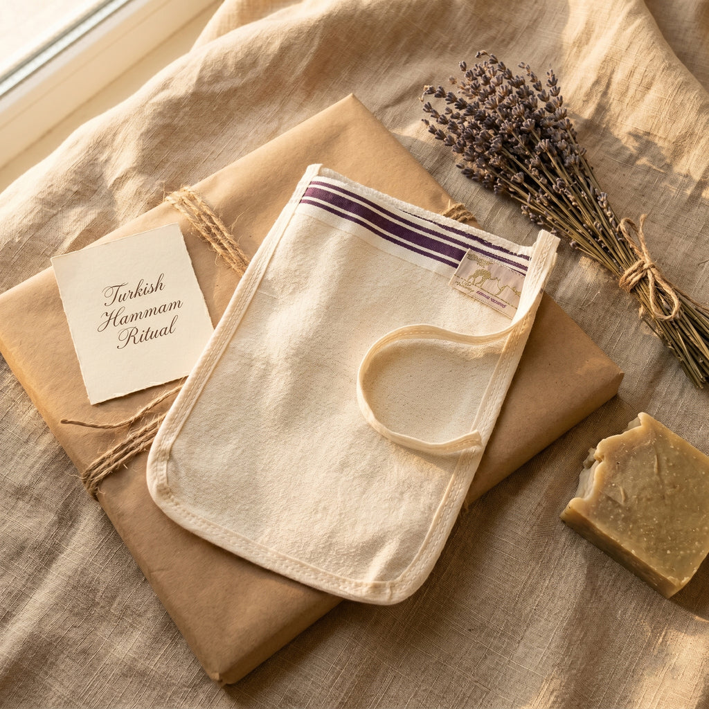 Elegant gift styling flat lay on warm beige linen fabric a thin rectangular cream turkish hammam mitt flexible flat pouch with softly rounded oval bottom corners