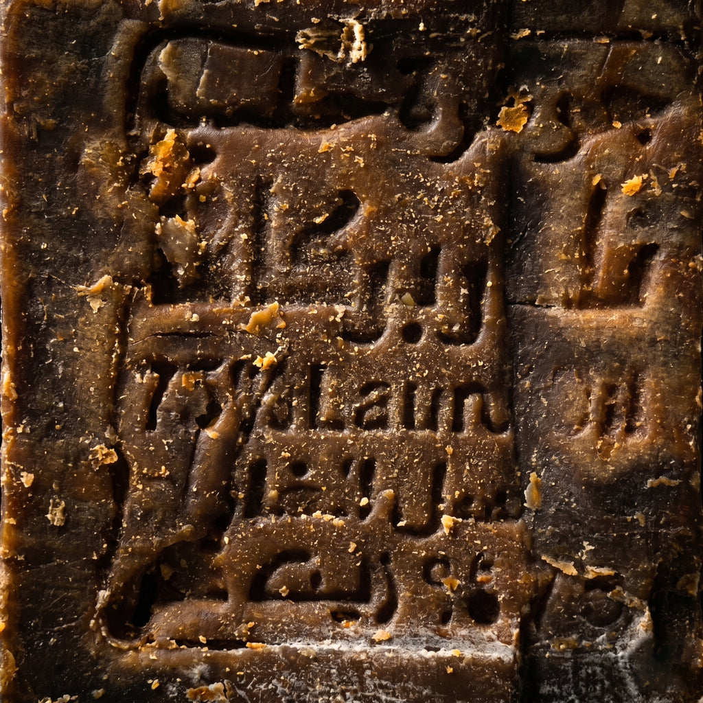 Extreme close-up of traditional Arabic stamp impression on Avlia Aleppo Soap surface, centuries-old hand-pressed seal on handmade dark brown natural soap bar