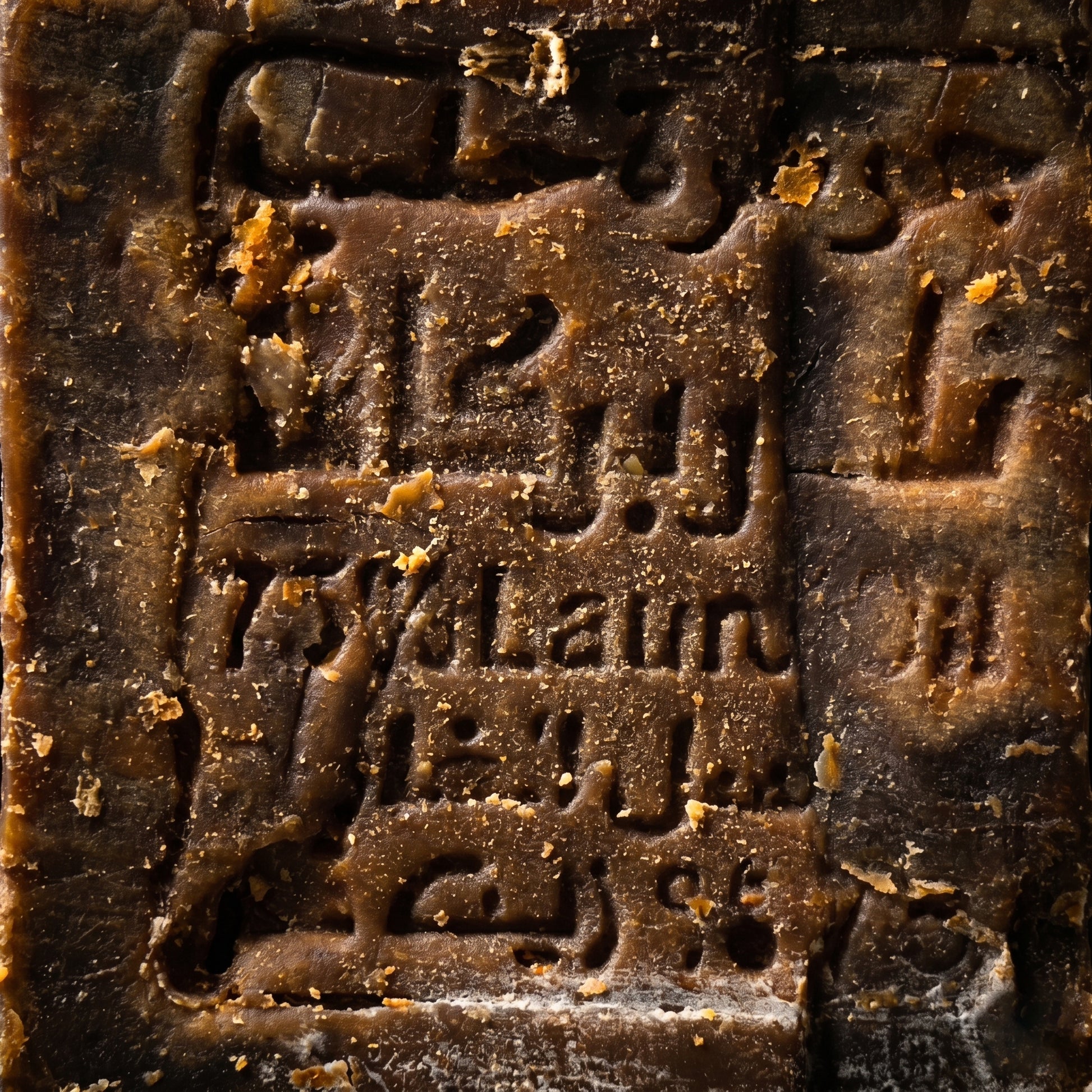 Extreme close-up of traditional Arabic stamp impression on Avlia Aleppo Soap surface, centuries-old hand-pressed seal on handmade dark brown natural soap bar