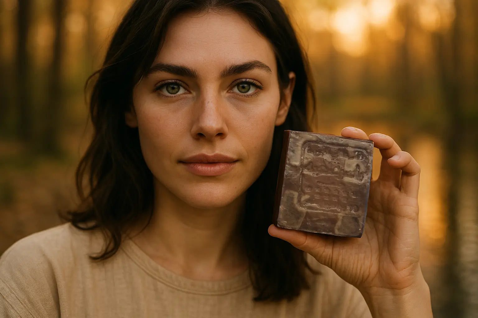 Female model presenting traditional olive oil Aleppo soap – handmade and moisturizing