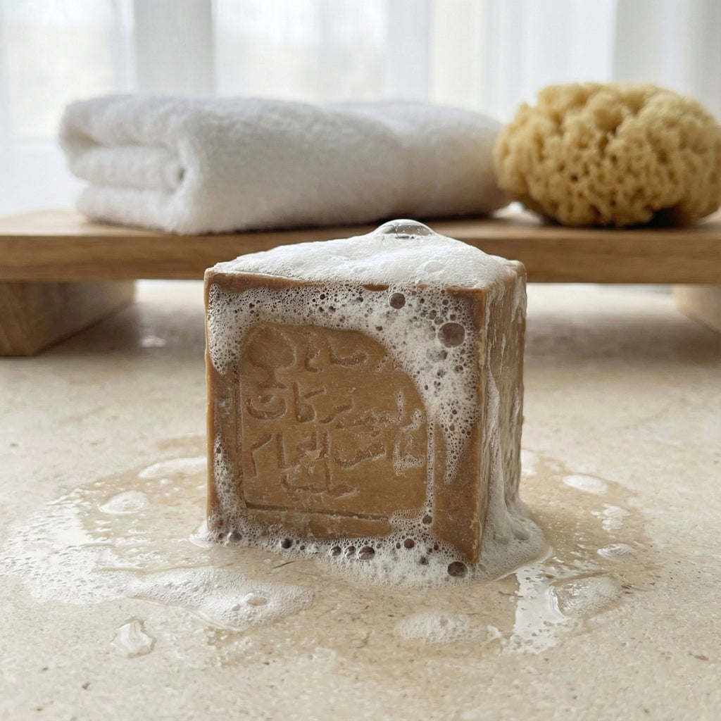 Foamy square Aleppo soap bar with Arabic stamp on wet marble surface, with a white towel and natural sponge on a wooden shelf in the background by a window