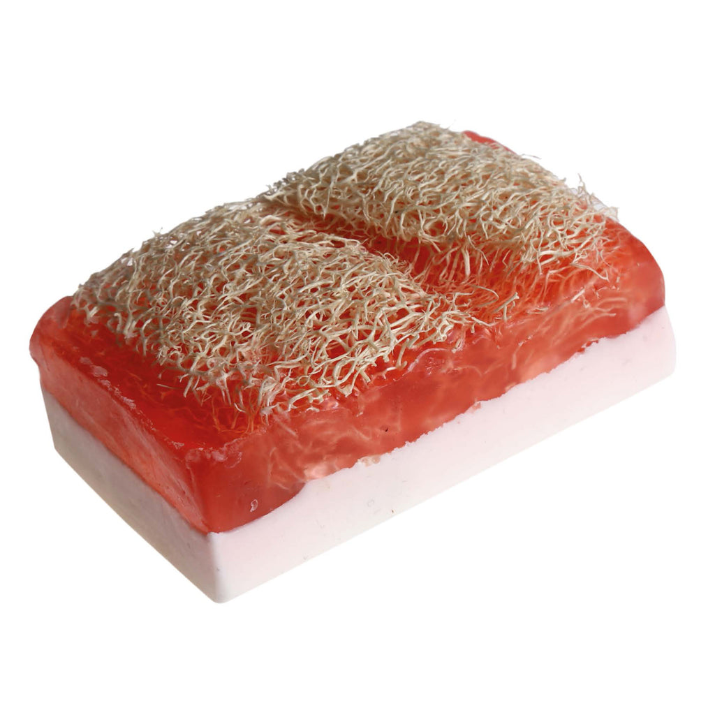 Fruity strawberry artisan soap bar with natural loofah