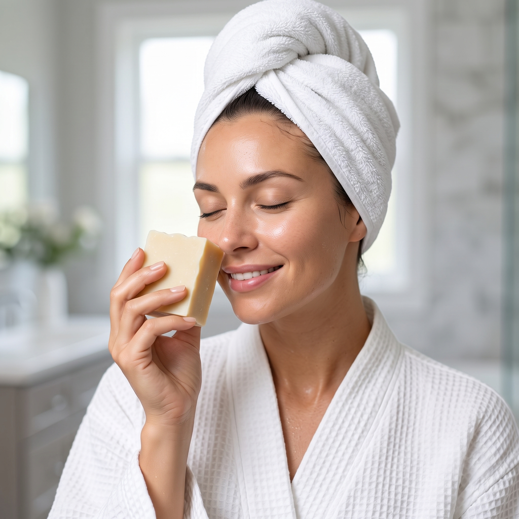 Woman in a bathrobe enjoying the fresh scent of Avlia Turkish Hammam Soap — revitalizing lemon and mint natural soap after the shower