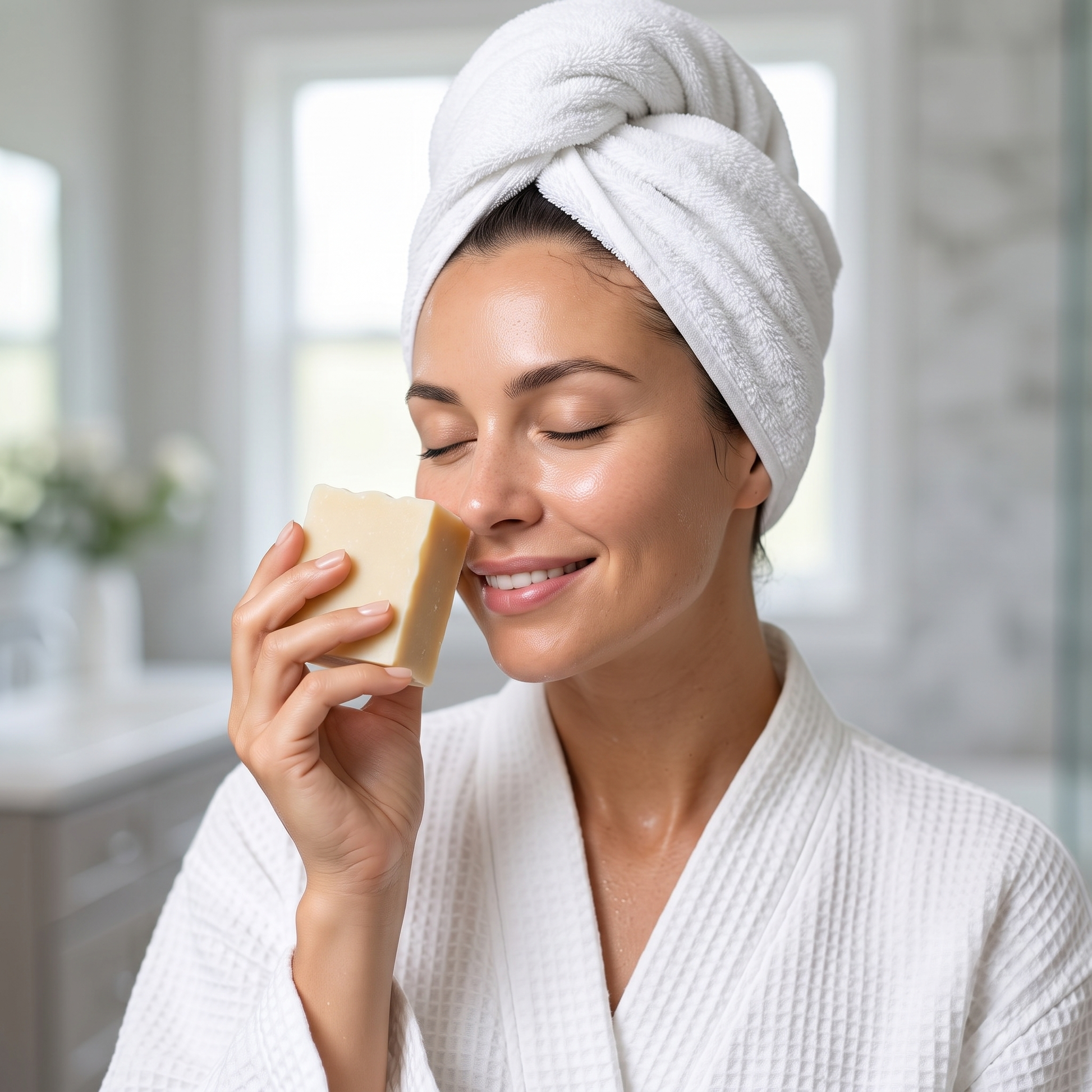 Woman in a bathrobe enjoying the fresh scent of Avlia Turkish Hammam Soap — revitalizing lemon and mint natural soap after the shower