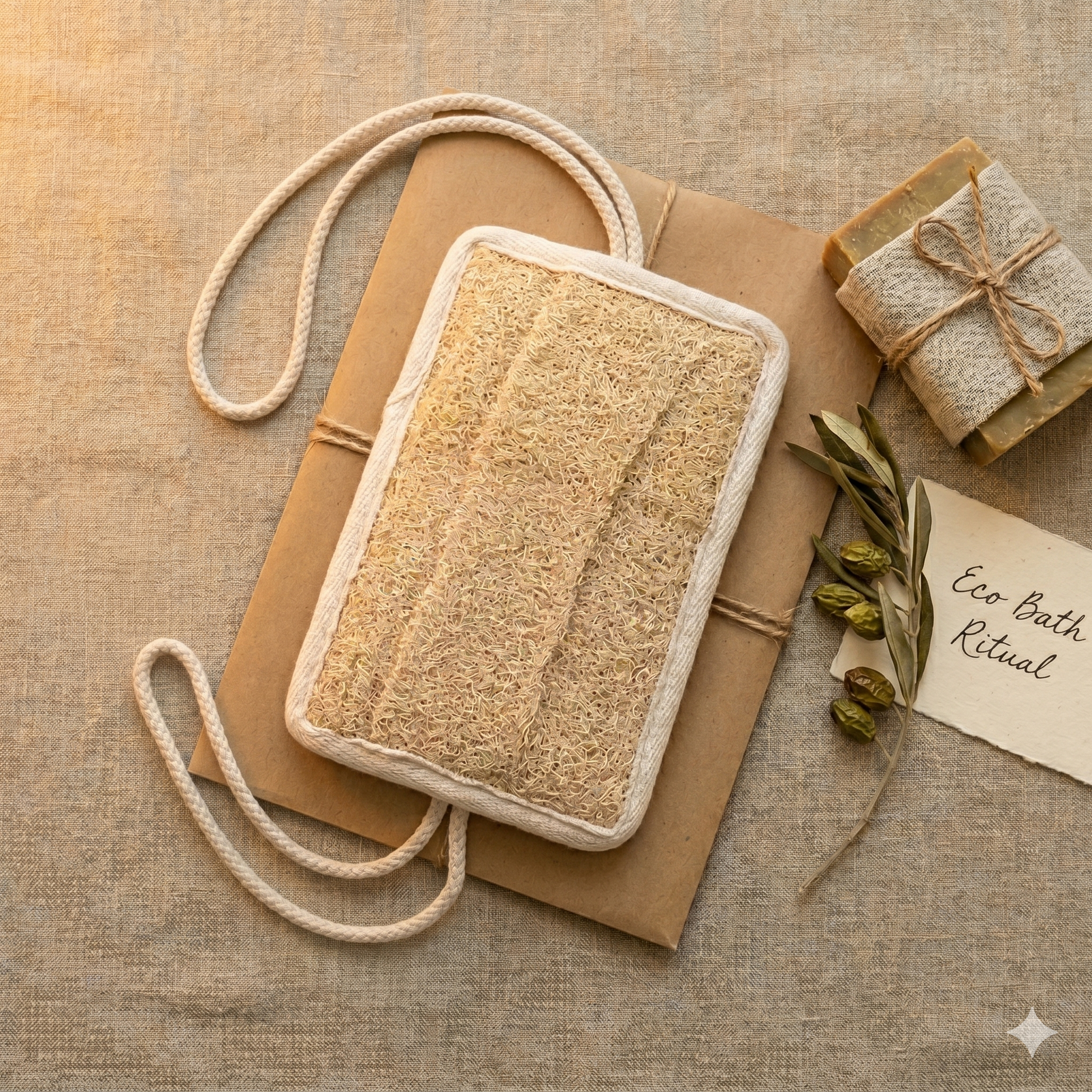 Gift-styled flat lay with Avlia loofah back scrubber, kraft paper, jute twine and Avlia Aleppo soap, eco wellness gift set