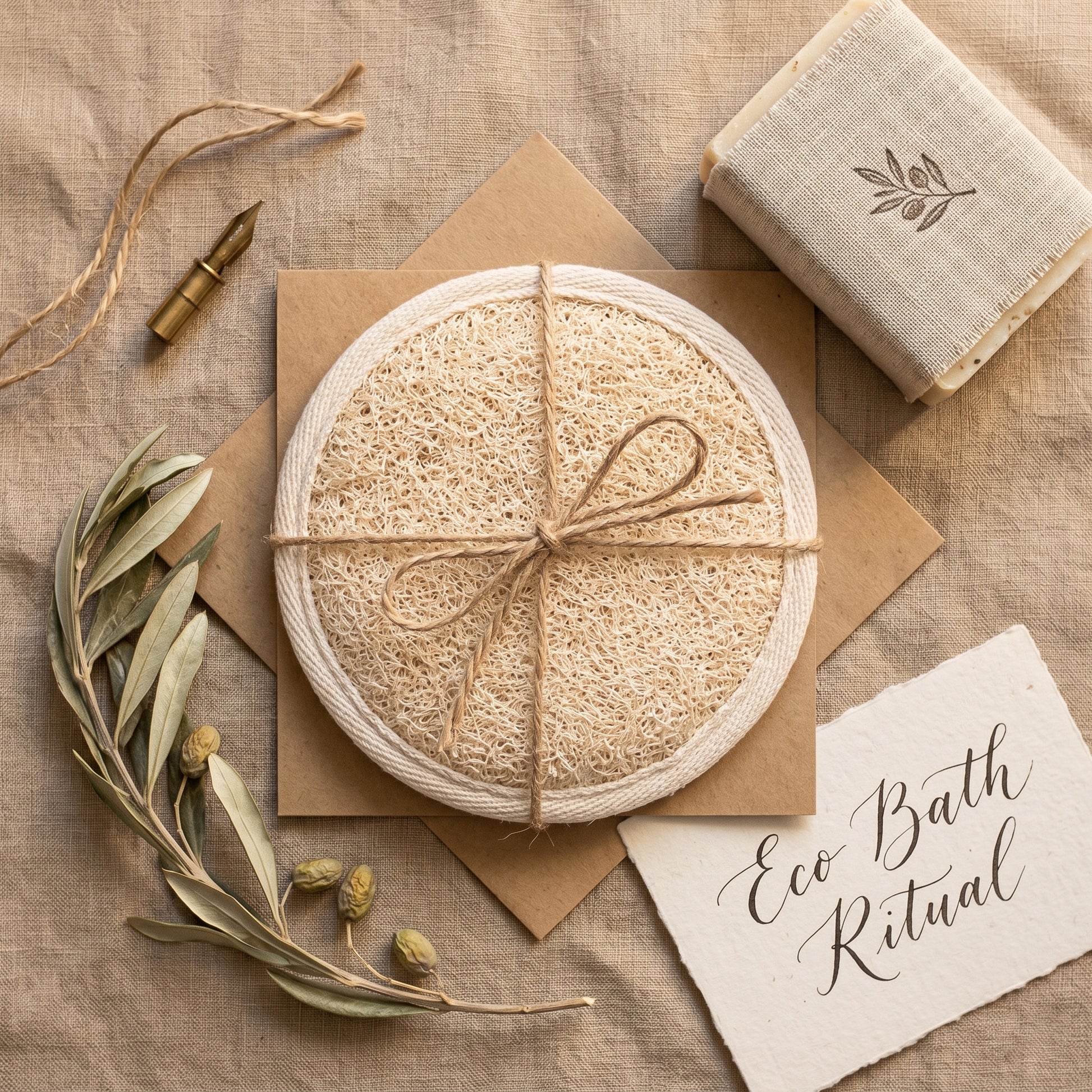 Gift-styled flat lay with round natural loofah pad, kraft paper, jute twine and handmade soap, eco wellness gift