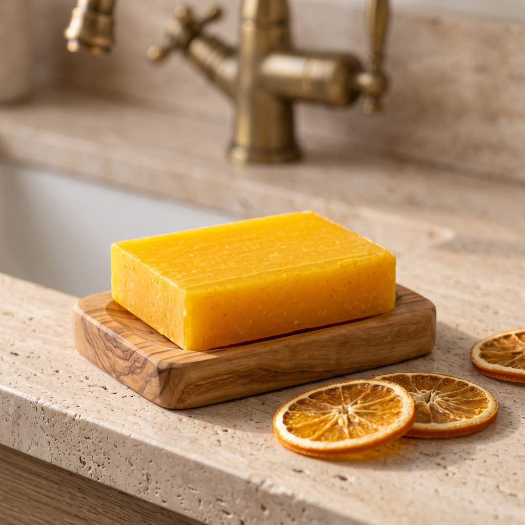 Avlia Glycolic Acid & Orange Soap Bar in olive wood soap dish with dried orange slices
