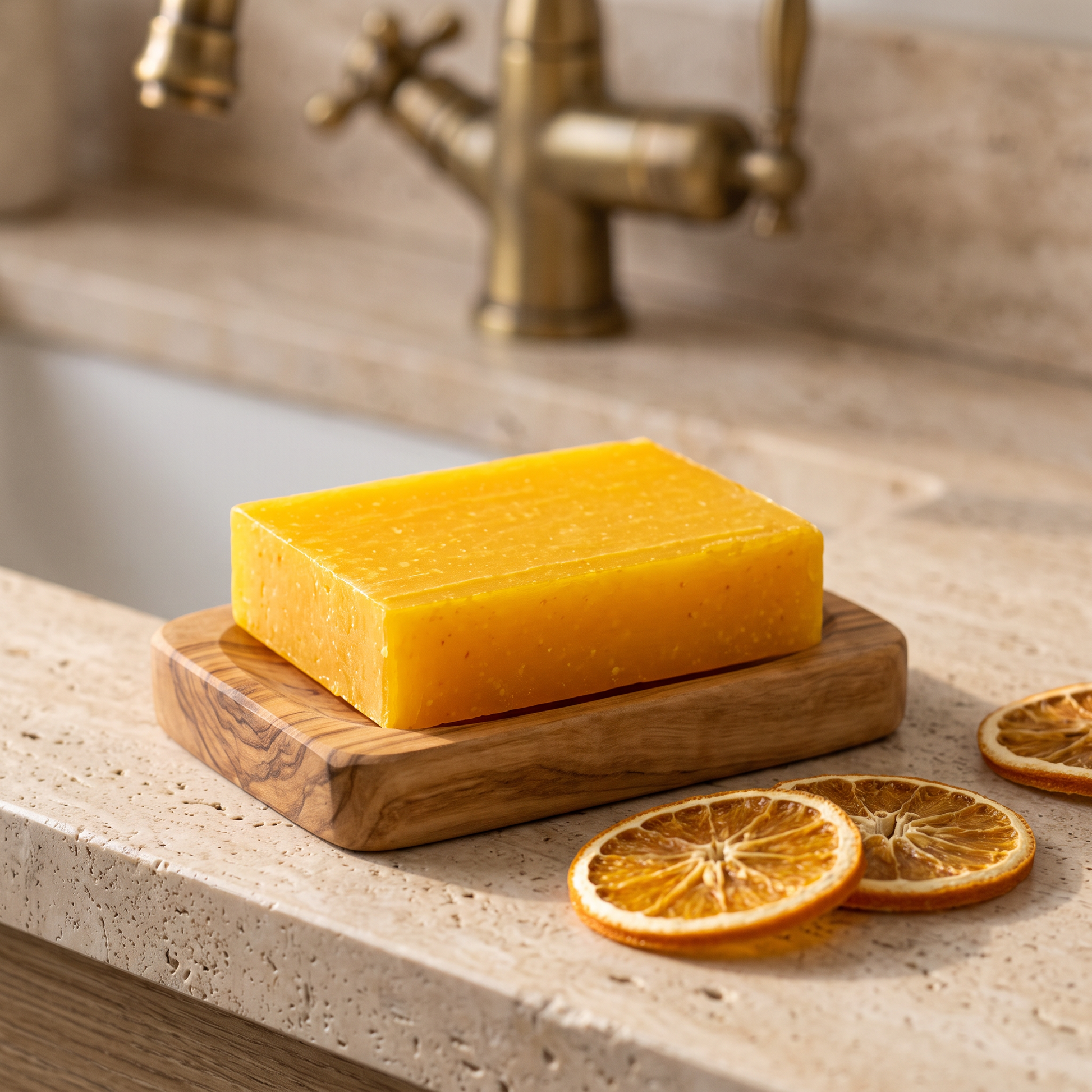 Avlia Glycolic Acid & Orange Soap Bar in olive wood soap dish with dried orange slices