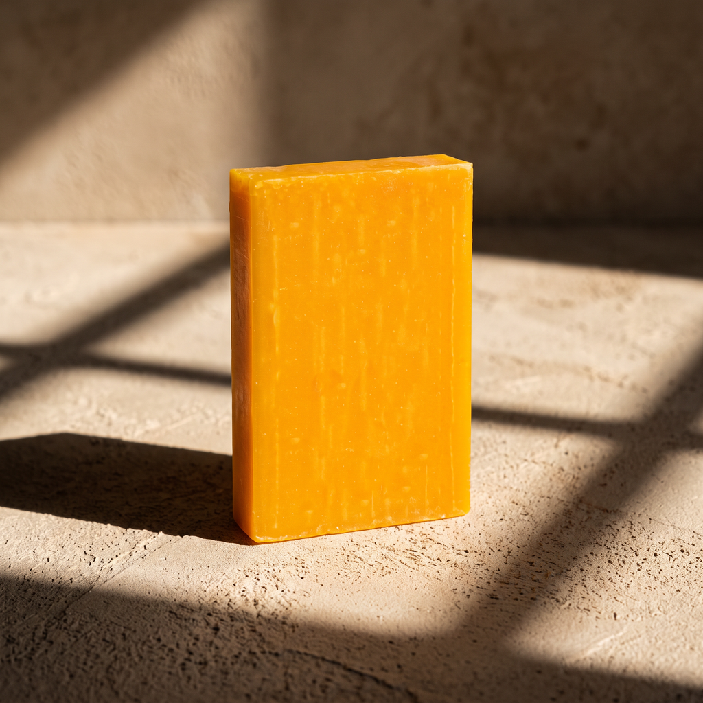 Avlia Glycolic Acid & Orange Soap Bar in afternoon light with geometric shadows