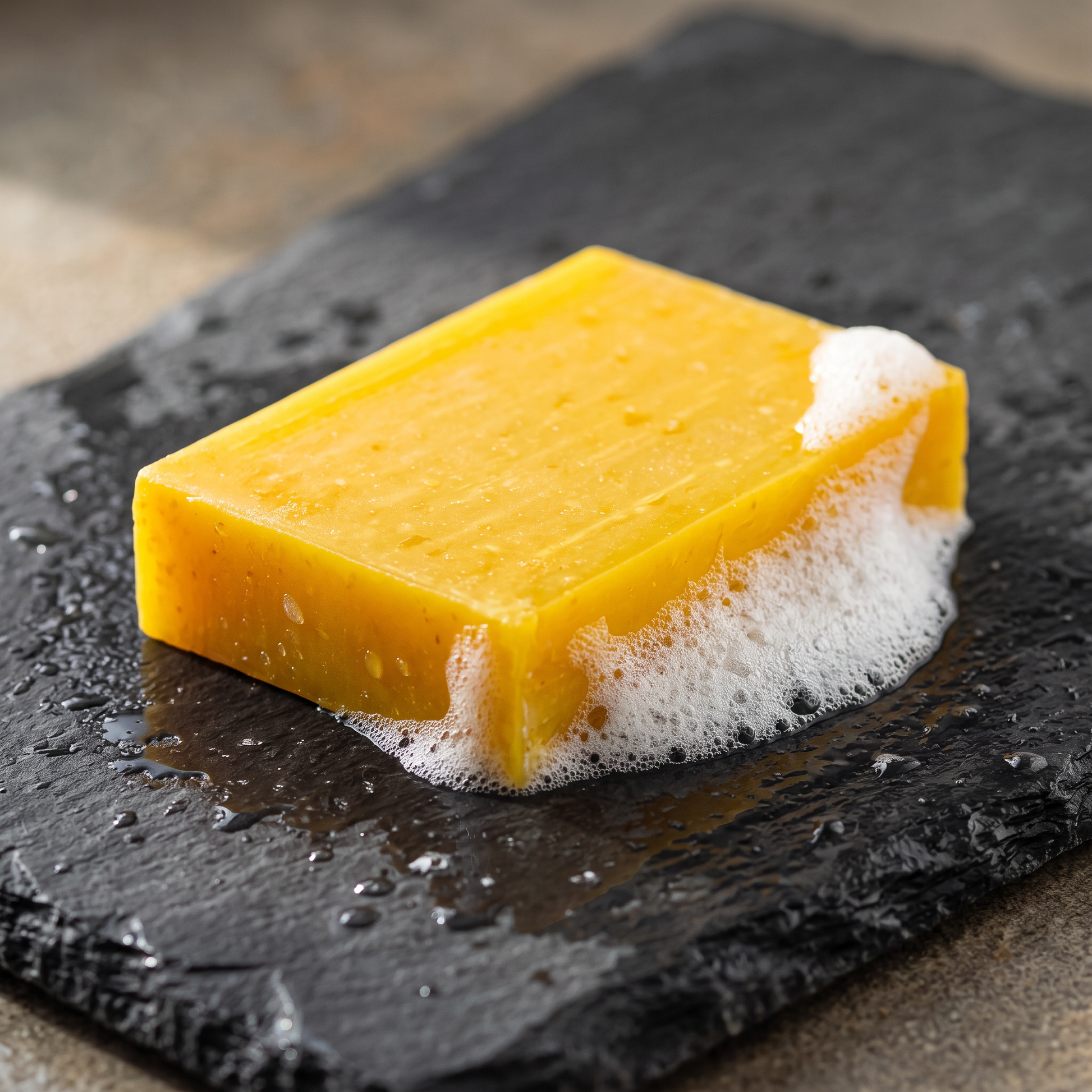 Avlia Glycolic Acid & Orange Soap Bar lathering with dense white foam on wet stone