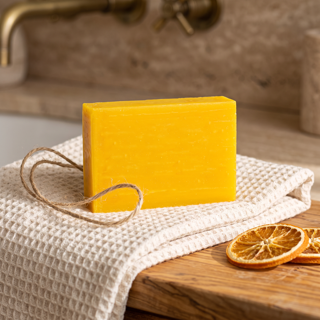 Avlia Glycolic Acid & Orange Soap Bar styled as a gift on waffle towel with jute twine