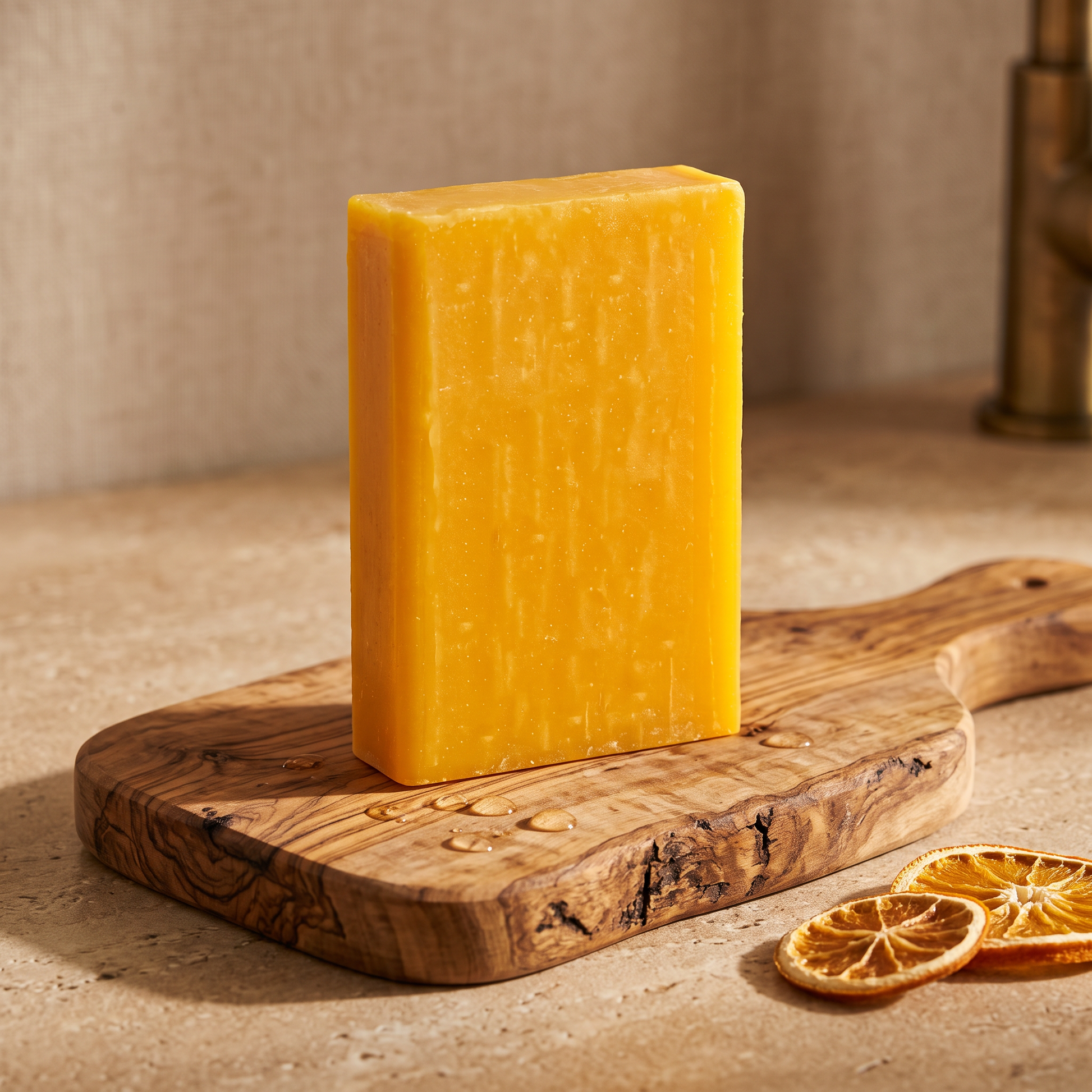 Avlia Glycolic Acid & Orange Soap Bar on rustic olive wood board with water droplets