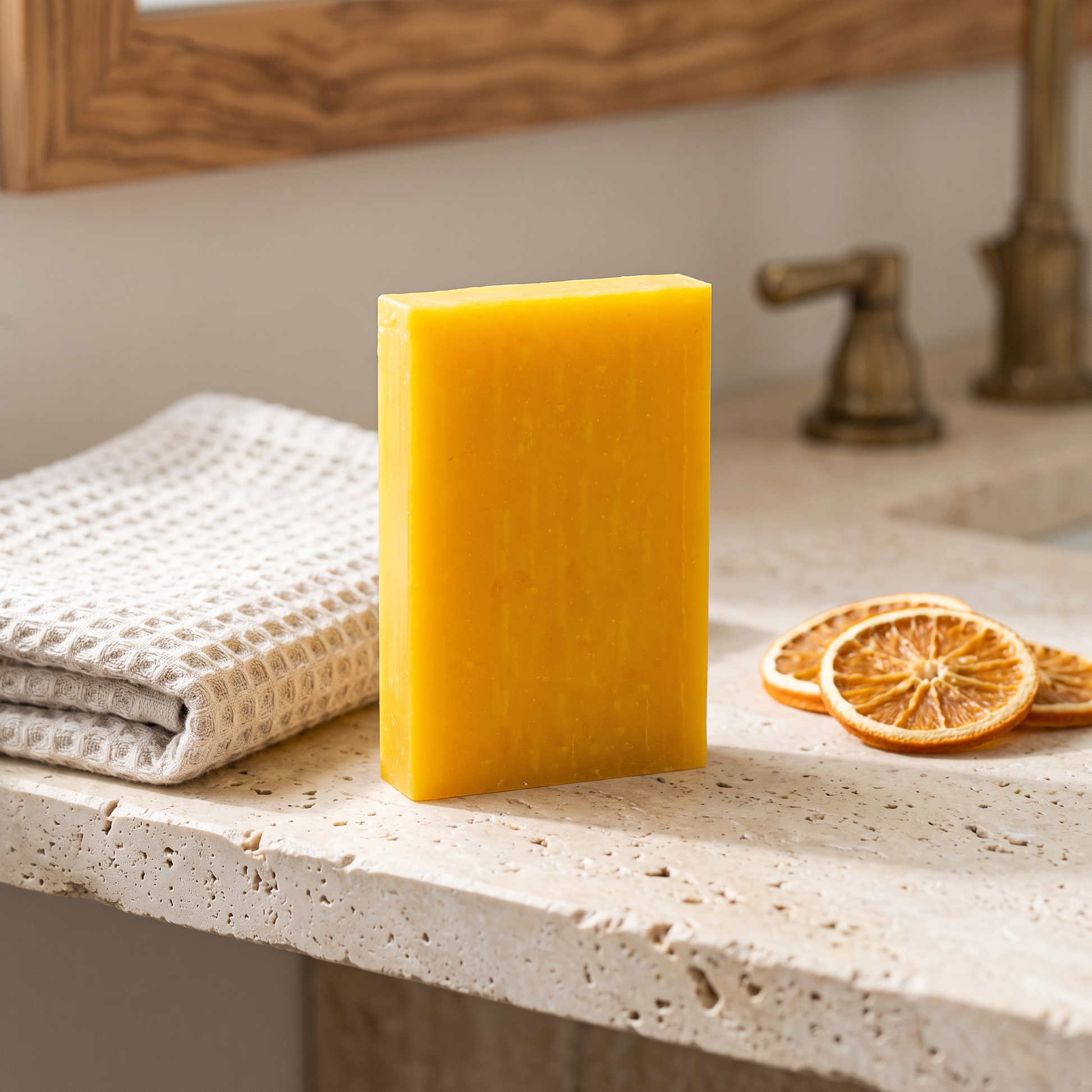 Avlia Glycolic Acid & Orange Soap Bar on stone bathroom shelf beside waffle towel