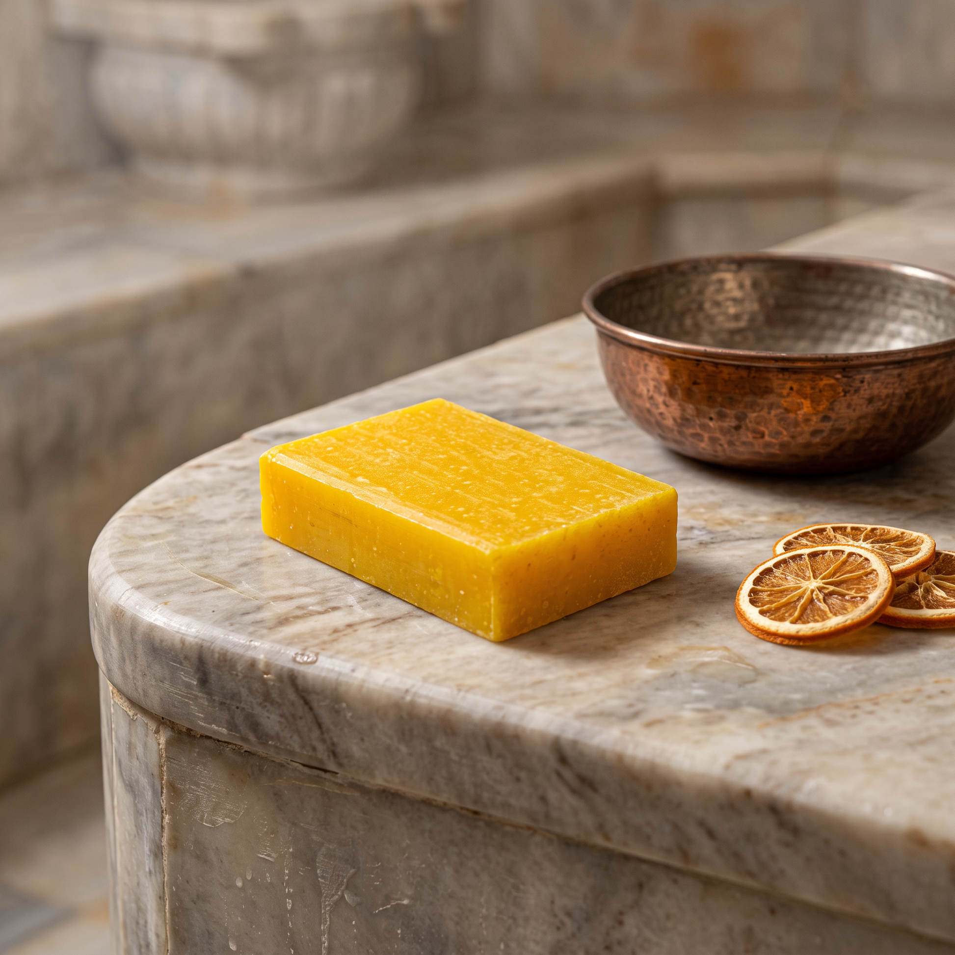 Avlia Glycolic Acid & Orange Soap Bar on marble hammam basin edge with copper bowl
