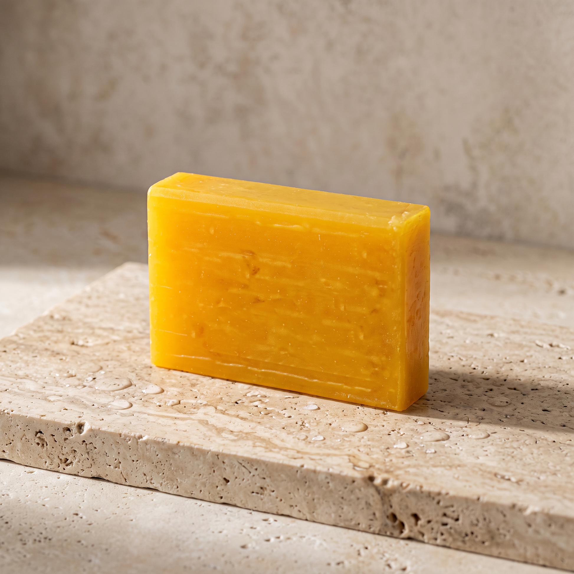Avlia Glycolic Acid & Orange Soap Bar resting on travertine stone slab