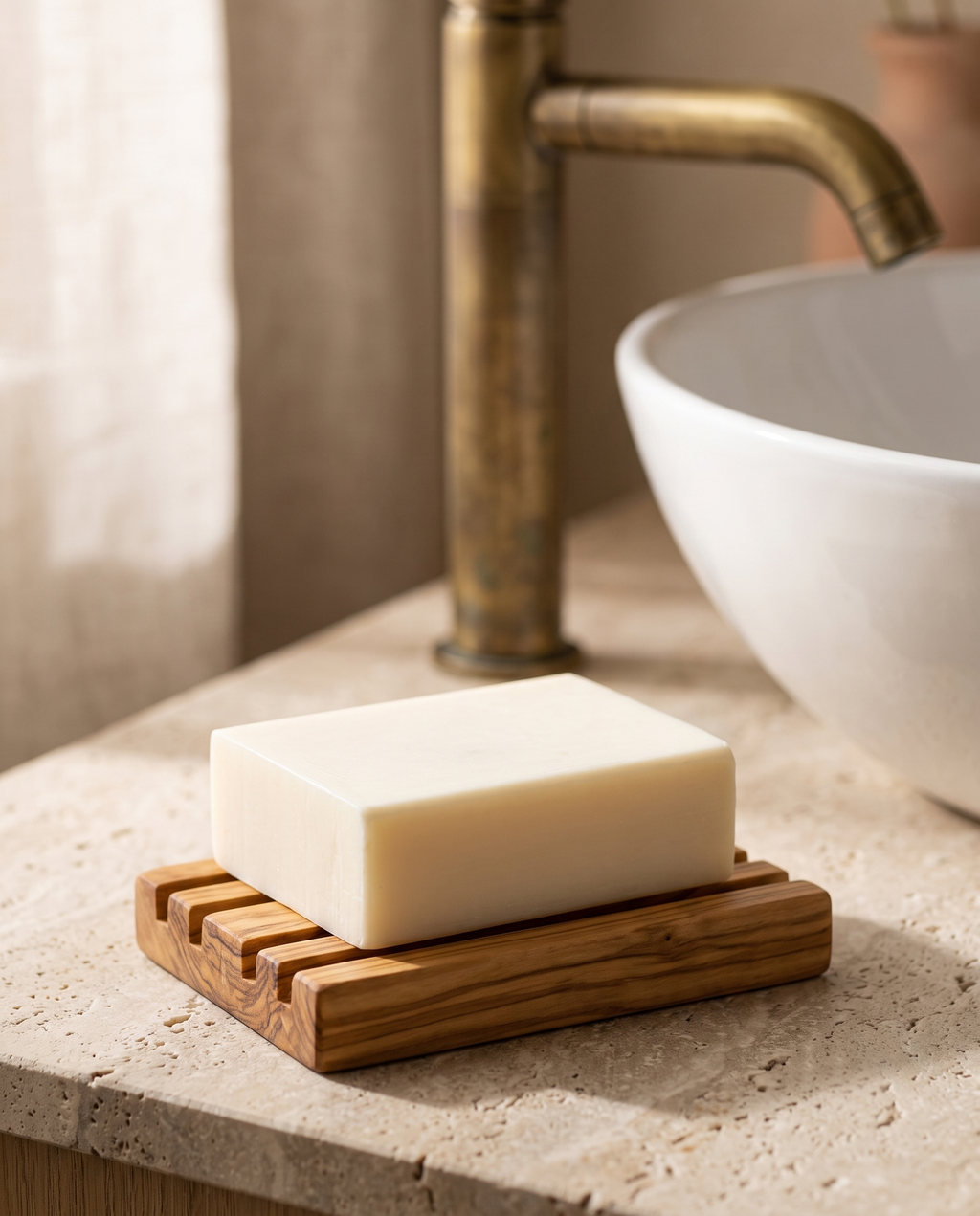 Goat Milk Soap in an olive wood soap dish on a stone vanity beside an aged brass tap