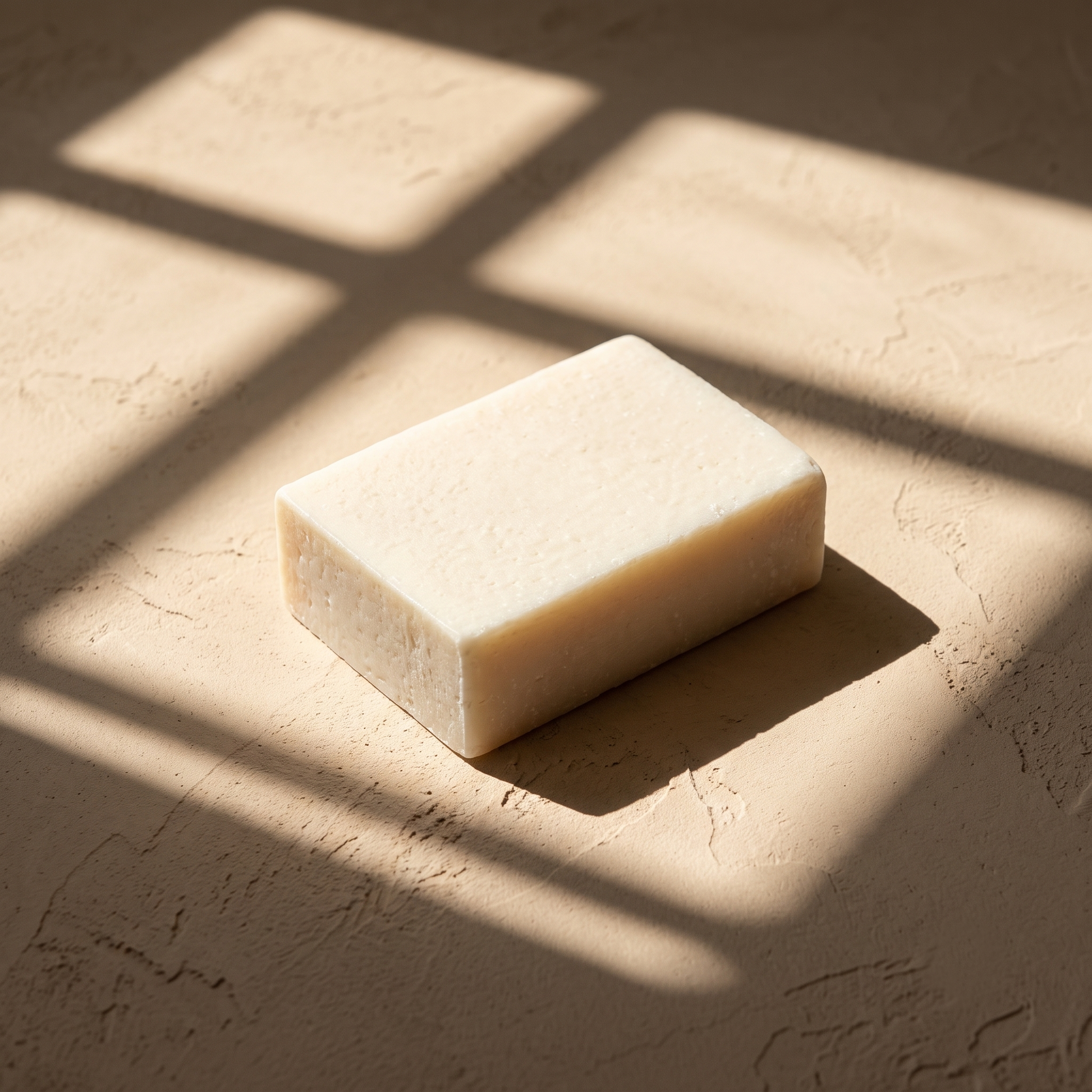 Goat Milk Soap in hard afternoon sunlight on sand plaster, cut by geometric window shadows