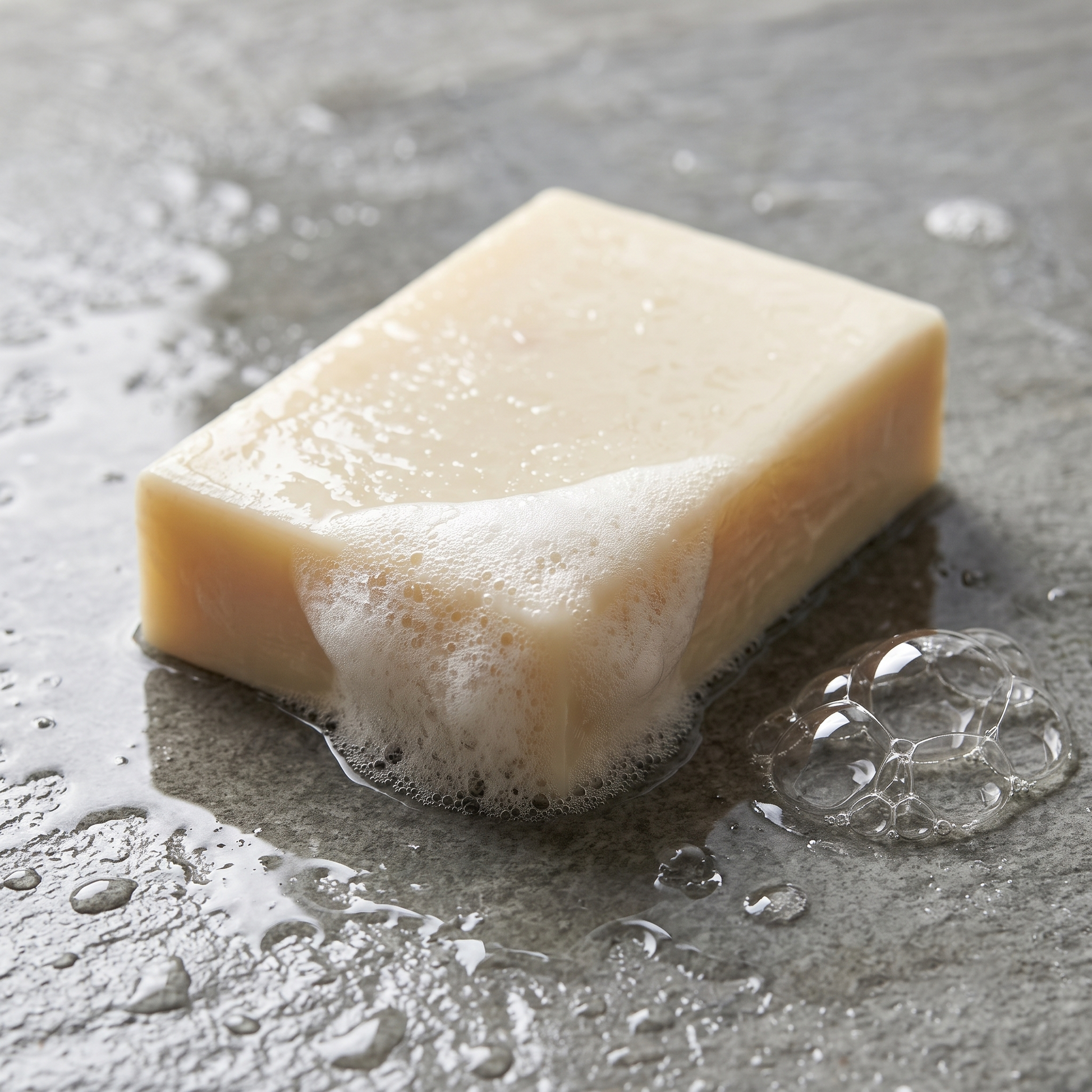 Goat Milk Soap lathering on wet grey stone with dense white foam along one edge