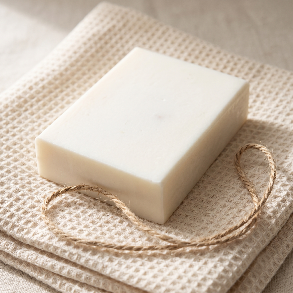 Goat Milk Soap on a folded cotton waffle towel with a loop of jute twine, styled as a gift