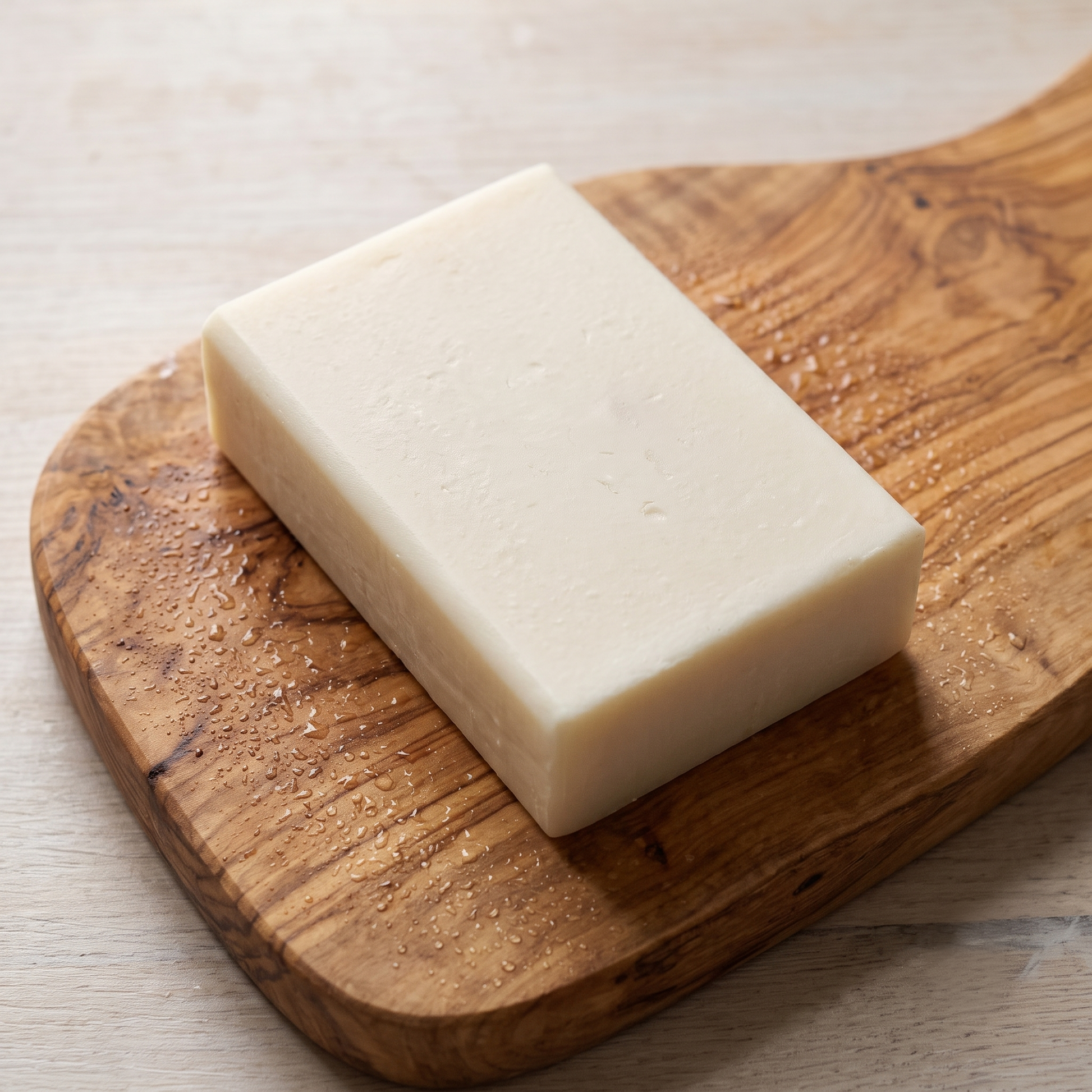 Goat Milk Soap on a rustic olive wood board with water droplets across the grain