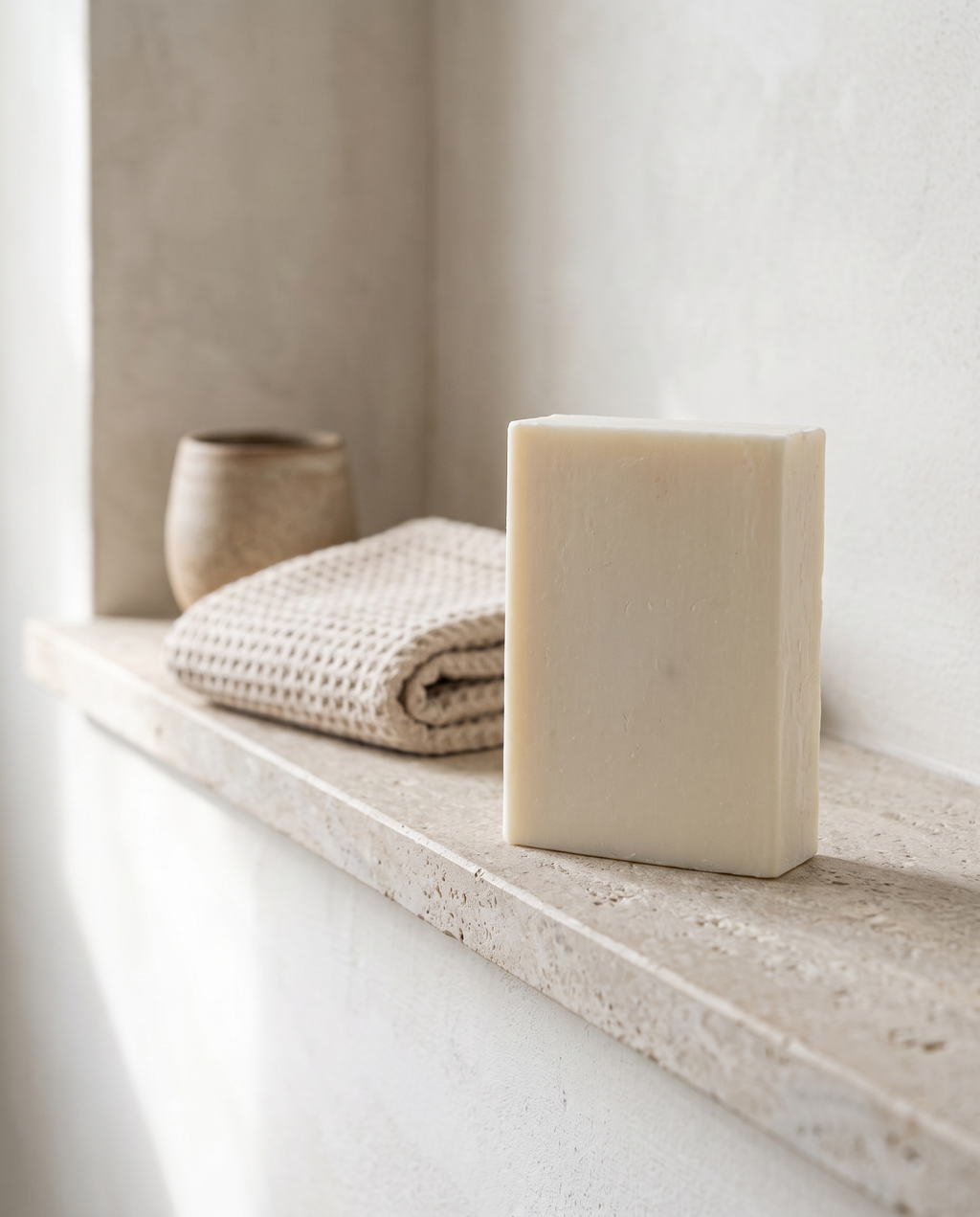 Goat Milk Soap on a stone bathroom shelf beside a folded waffle cotton towel