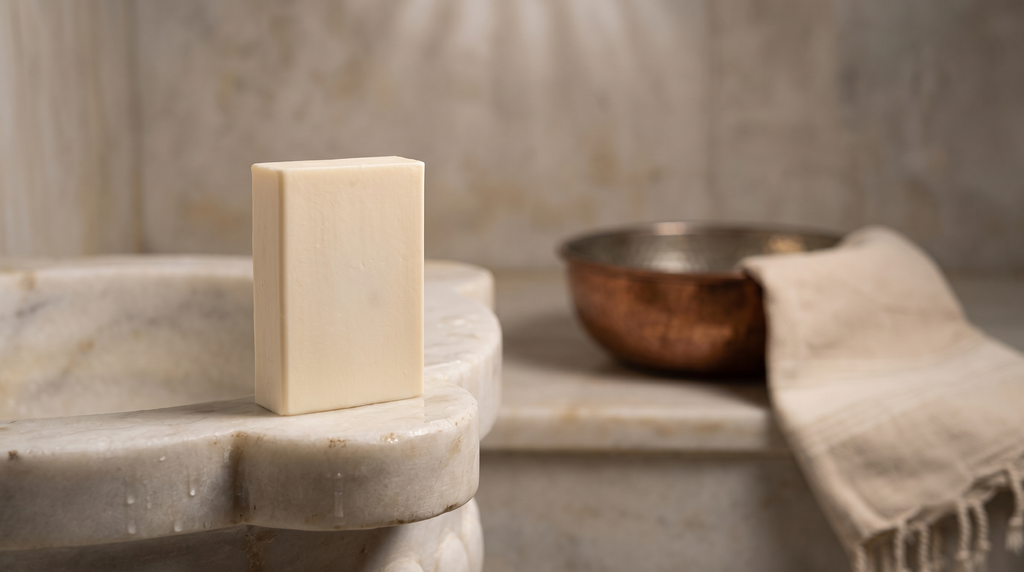 Goat Milk Soap on the marble edge of a Turkish hammam basin with a hammered copper bowl