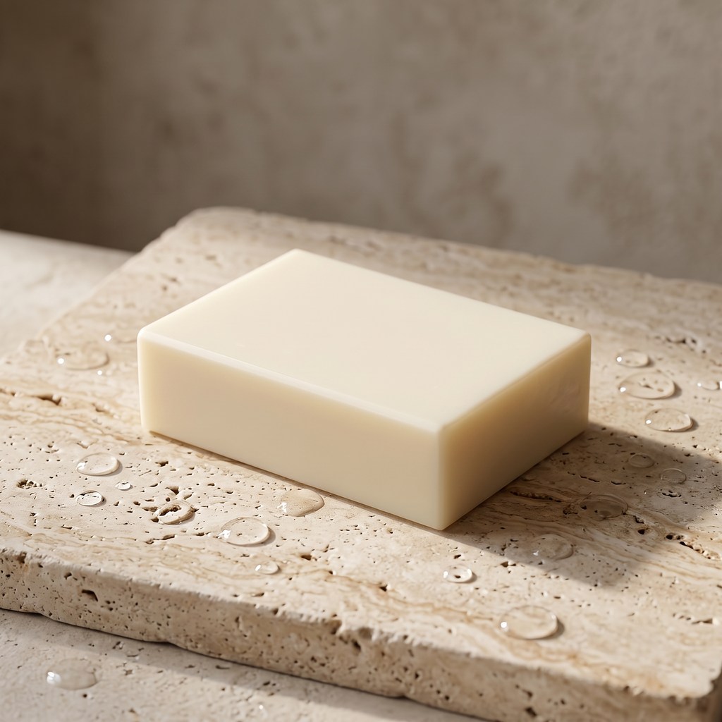 Goat Milk Soap resting on a travertine stone slab scattered with water droplets