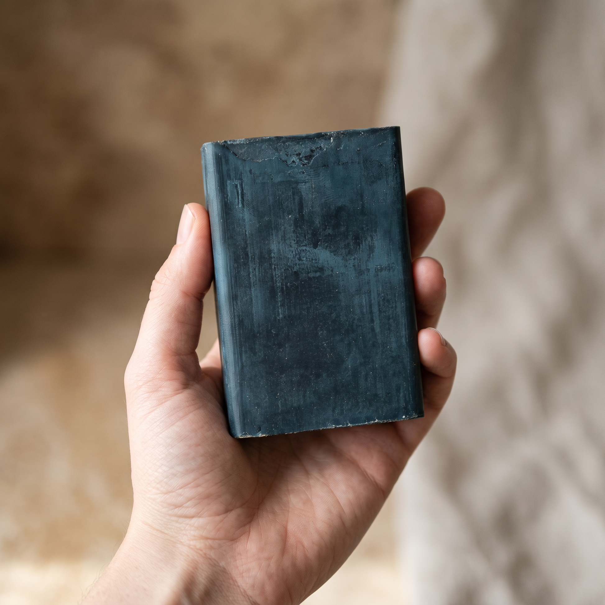 Hand holding Avlia African Black Soap Bar showing actual size