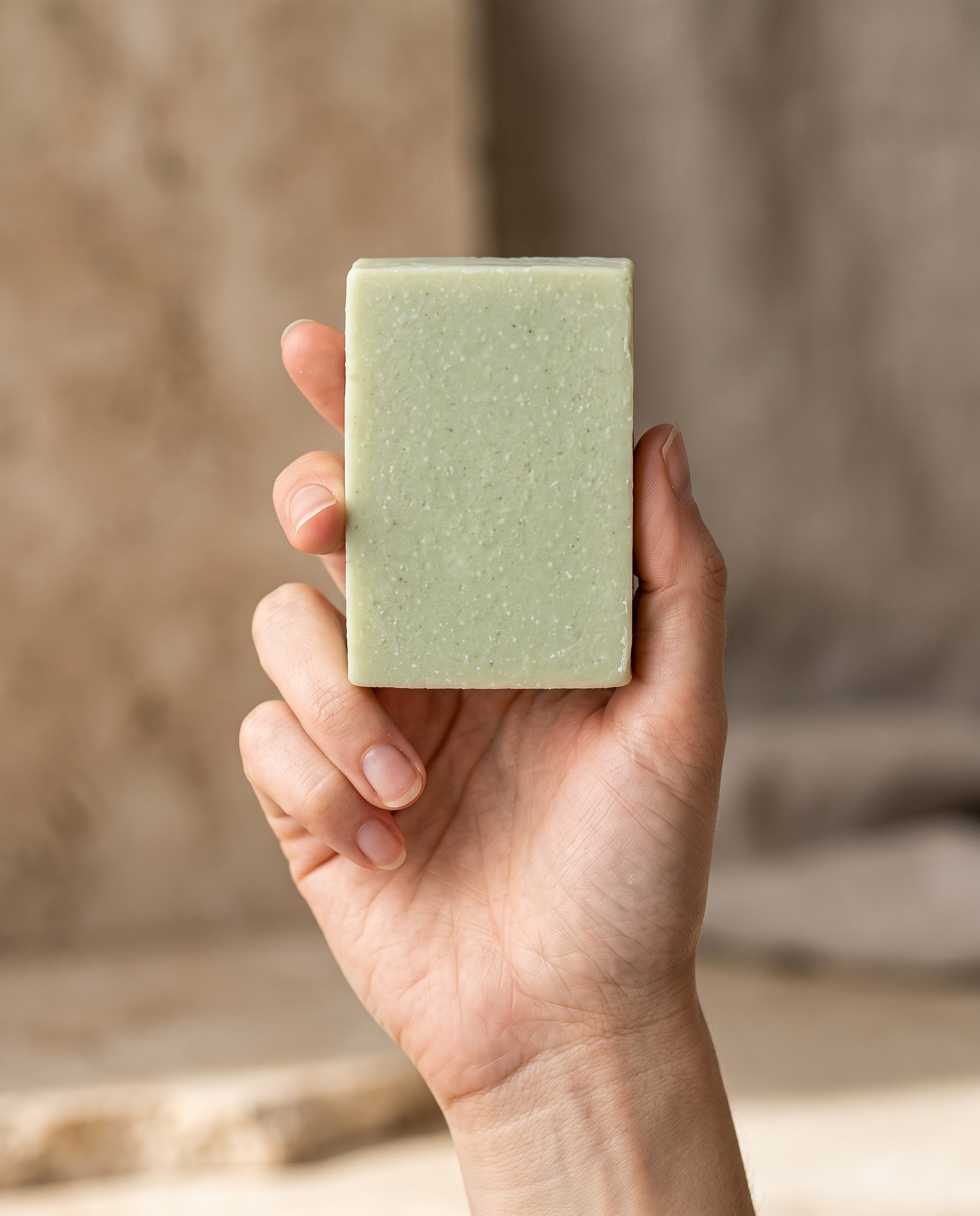 Hand holding Aloe Vera Soap against a soft neutral background, showing the size of the bar