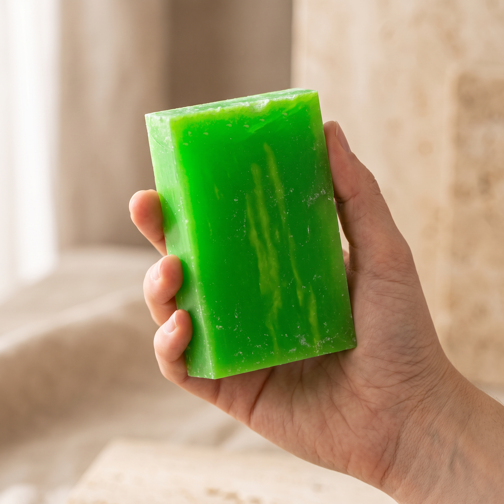 Hand holding Avocado Oil Soap Bar against a soft neutral background, showing the size of the bar