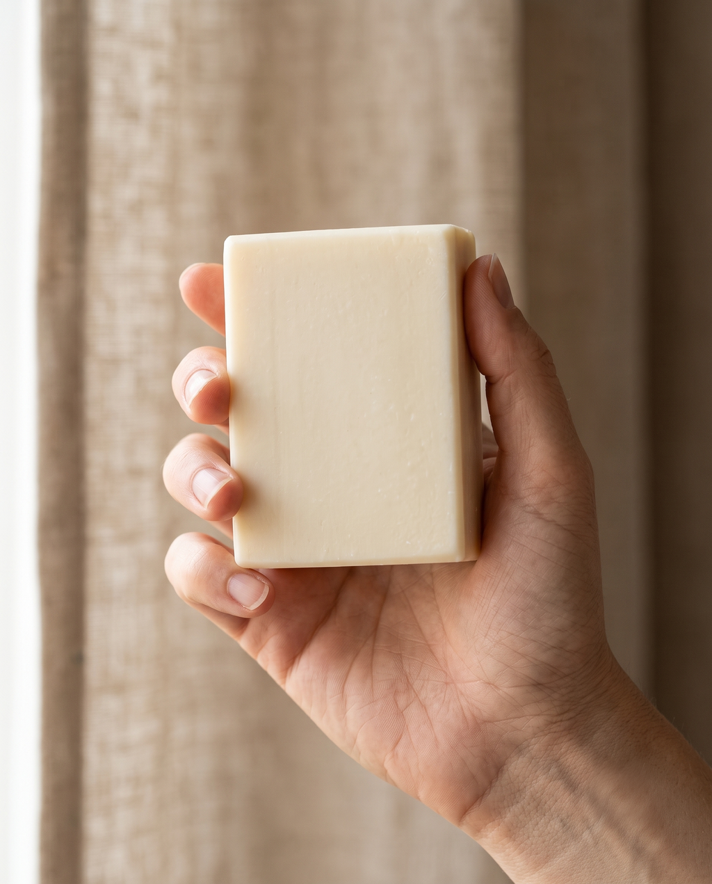 Hand holding Donkey Milk Soap against a soft neutral background, showing the size of the bar