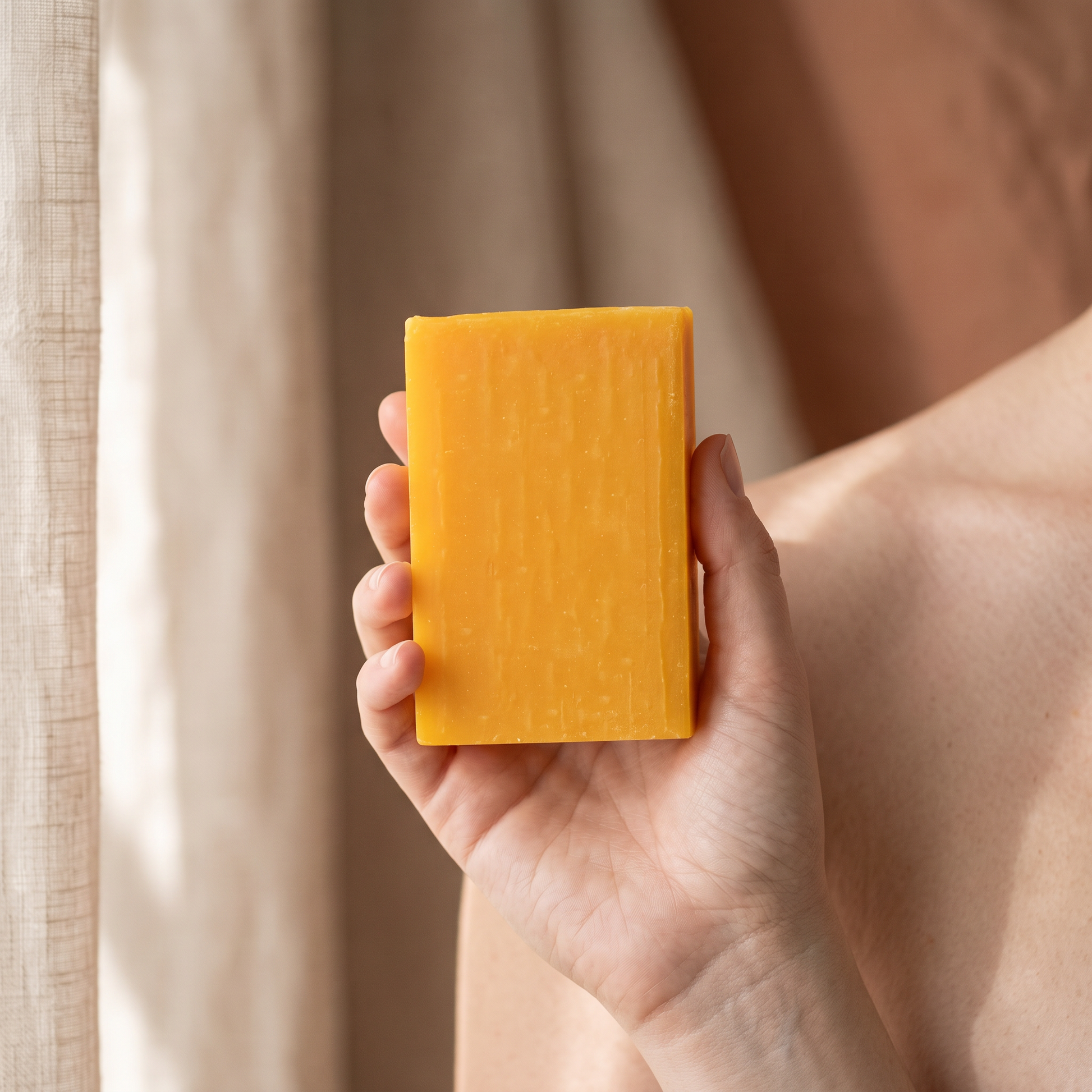Hand holding Avlia Glycolic Acid & Orange Soap Bar showing actual size