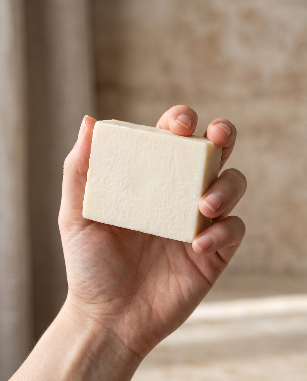 Hand holding Goat Milk Soap against a soft neutral background, showing the size of the bar