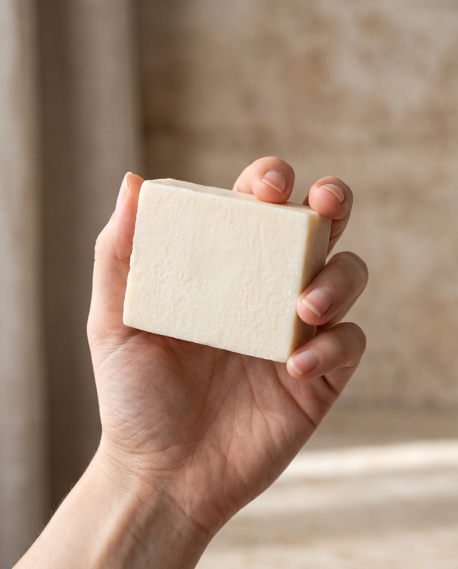 Hand holding Goat Milk Soap against a soft neutral background, showing the size of the bar