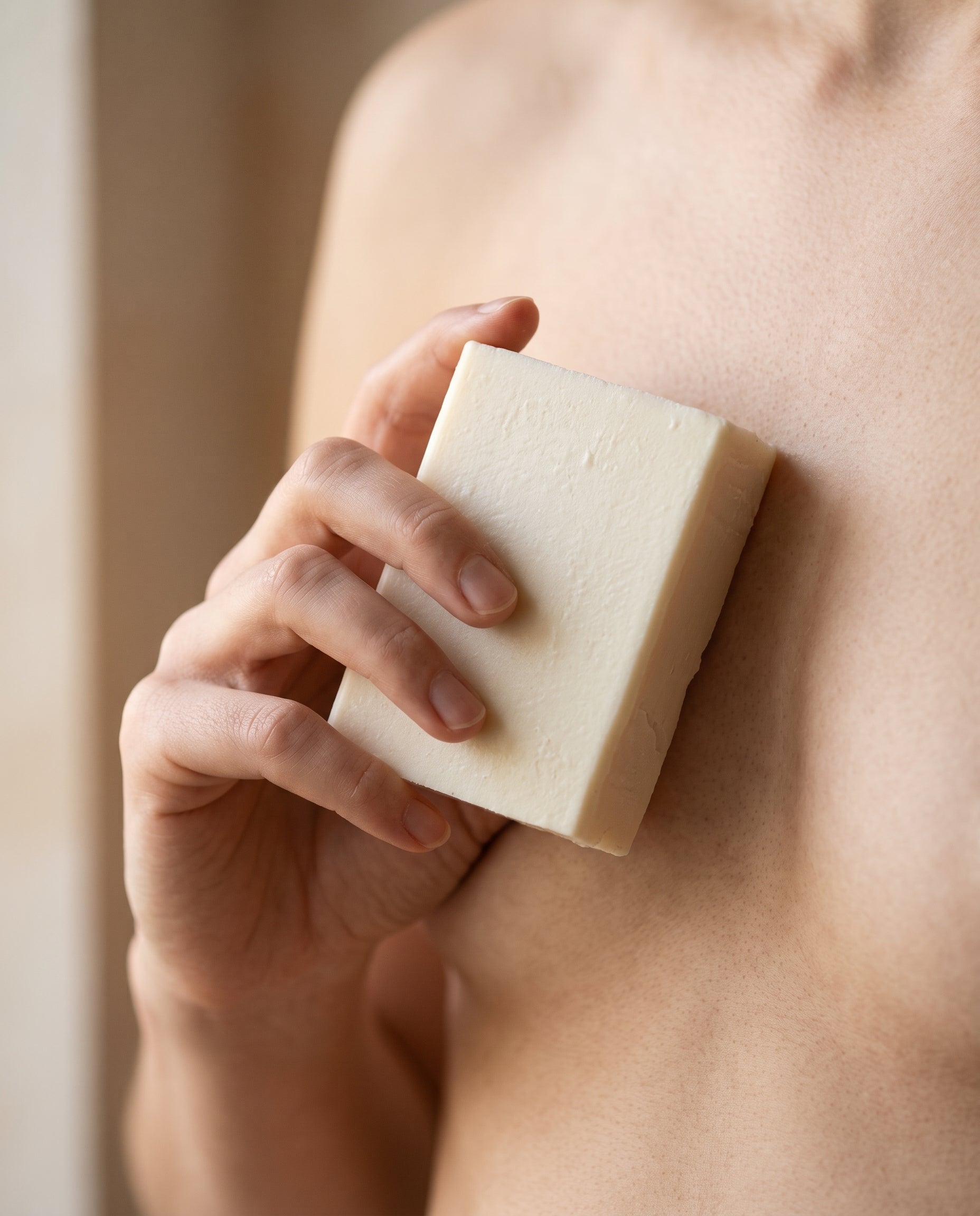 Hand holding Jasmine Soap Bar against a soft neutral background, showing the size of the bar
