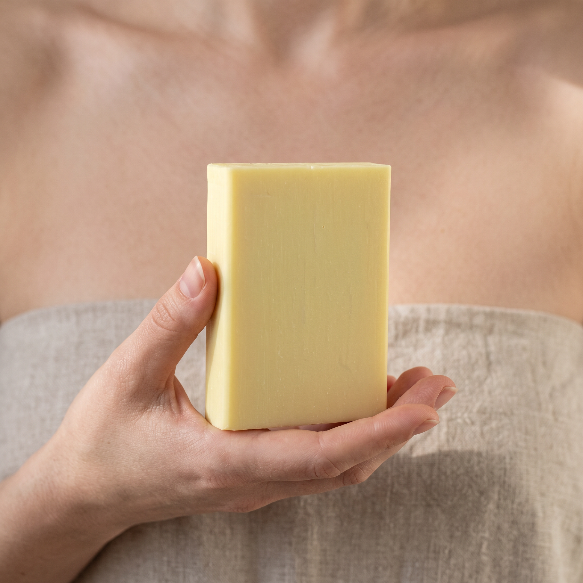 Hand holding Lemon Soap Bar against a soft neutral background, showing the size of the bar