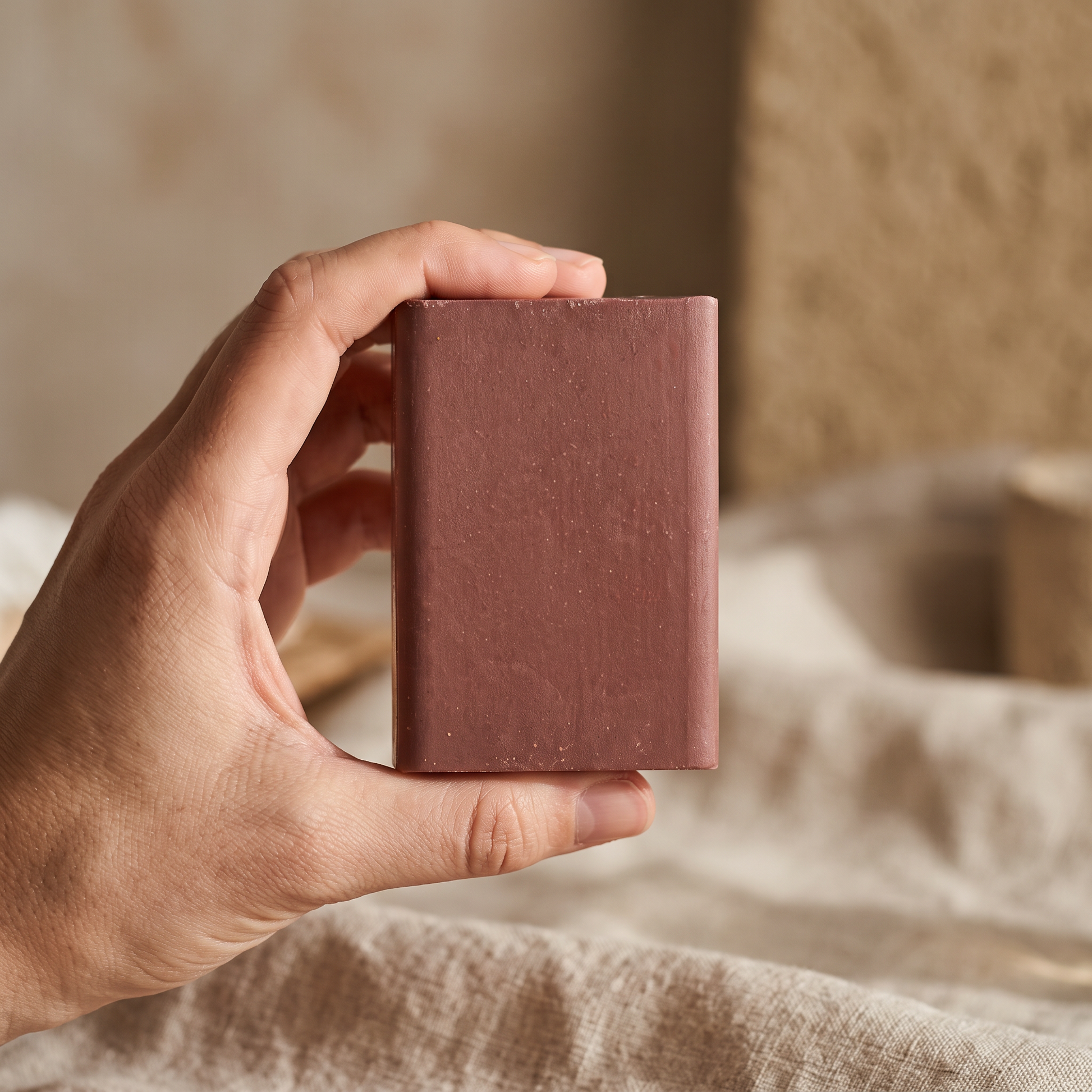 Hand holding Pine Tar Soap Bar against a soft neutral background, showing the size of the bar