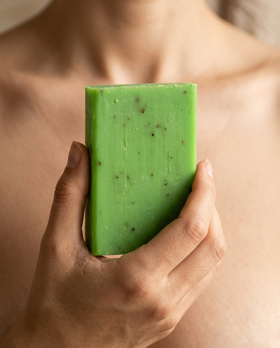 Hand holding Rosemary Soap Bar against a soft neutral background, showing the size of the bar