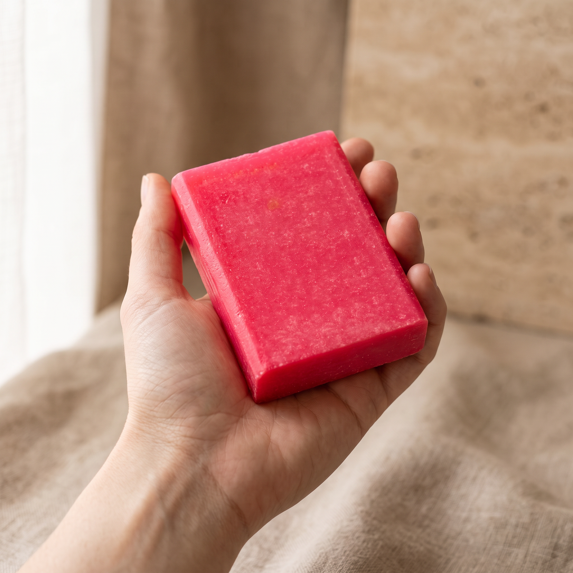 Hand holding Avlia Salicylic Acid Soap Bar showing actual size
