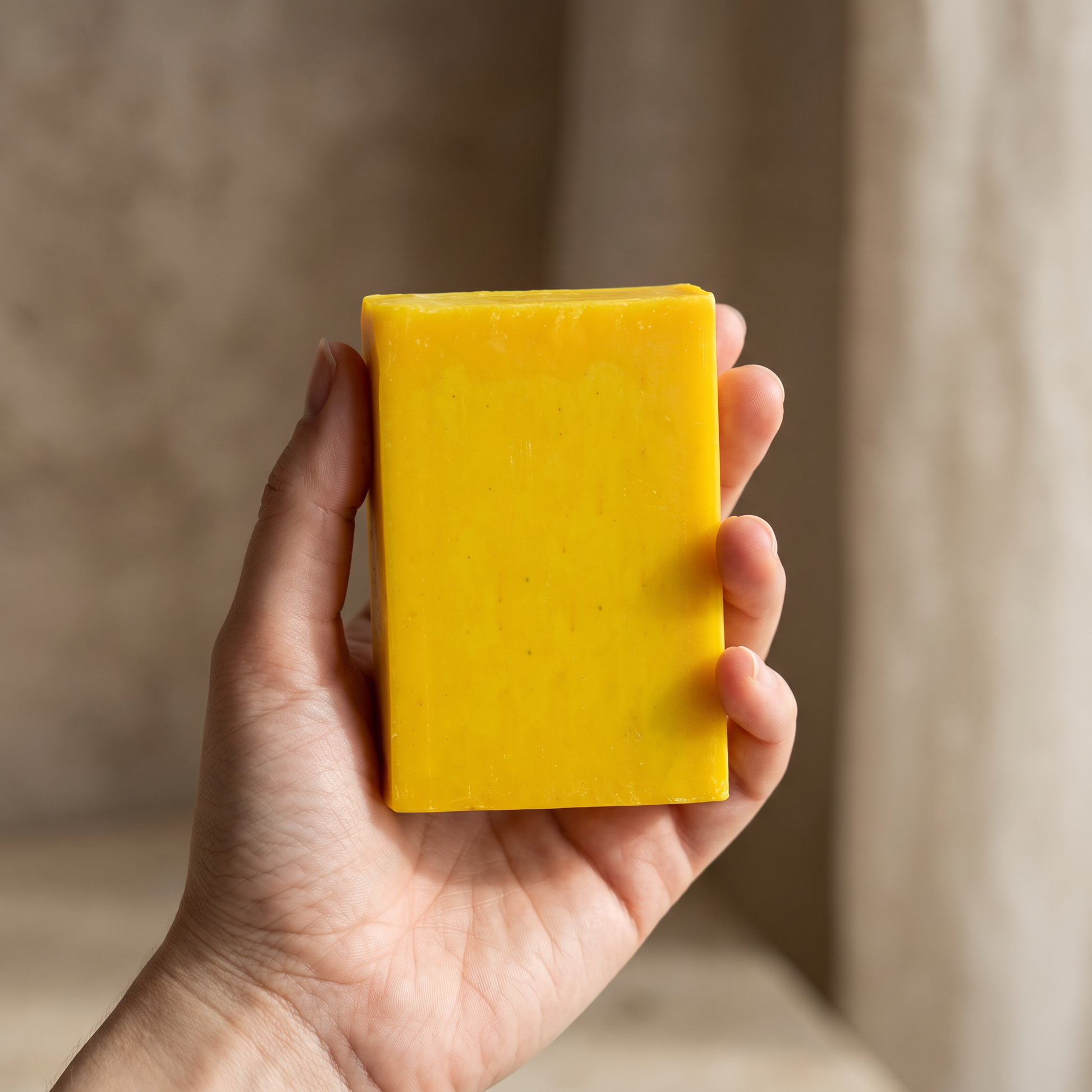 Hand holding Avlia Sea Moss Soap Bar showing actual size