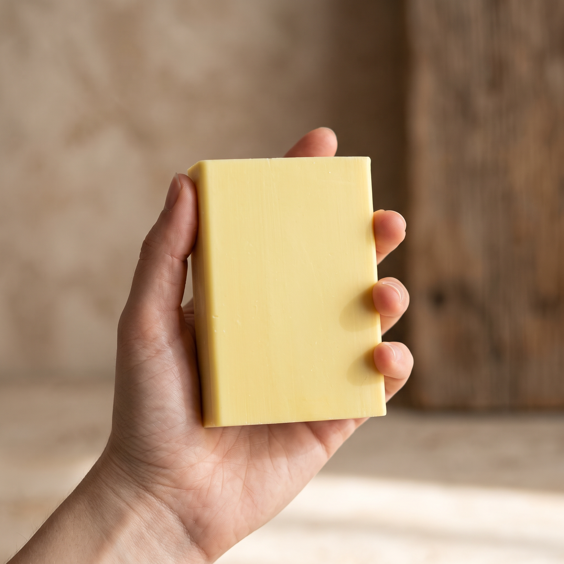 Hand holding Sulfur Soap Bar against a soft neutral background, showing the size of the bar