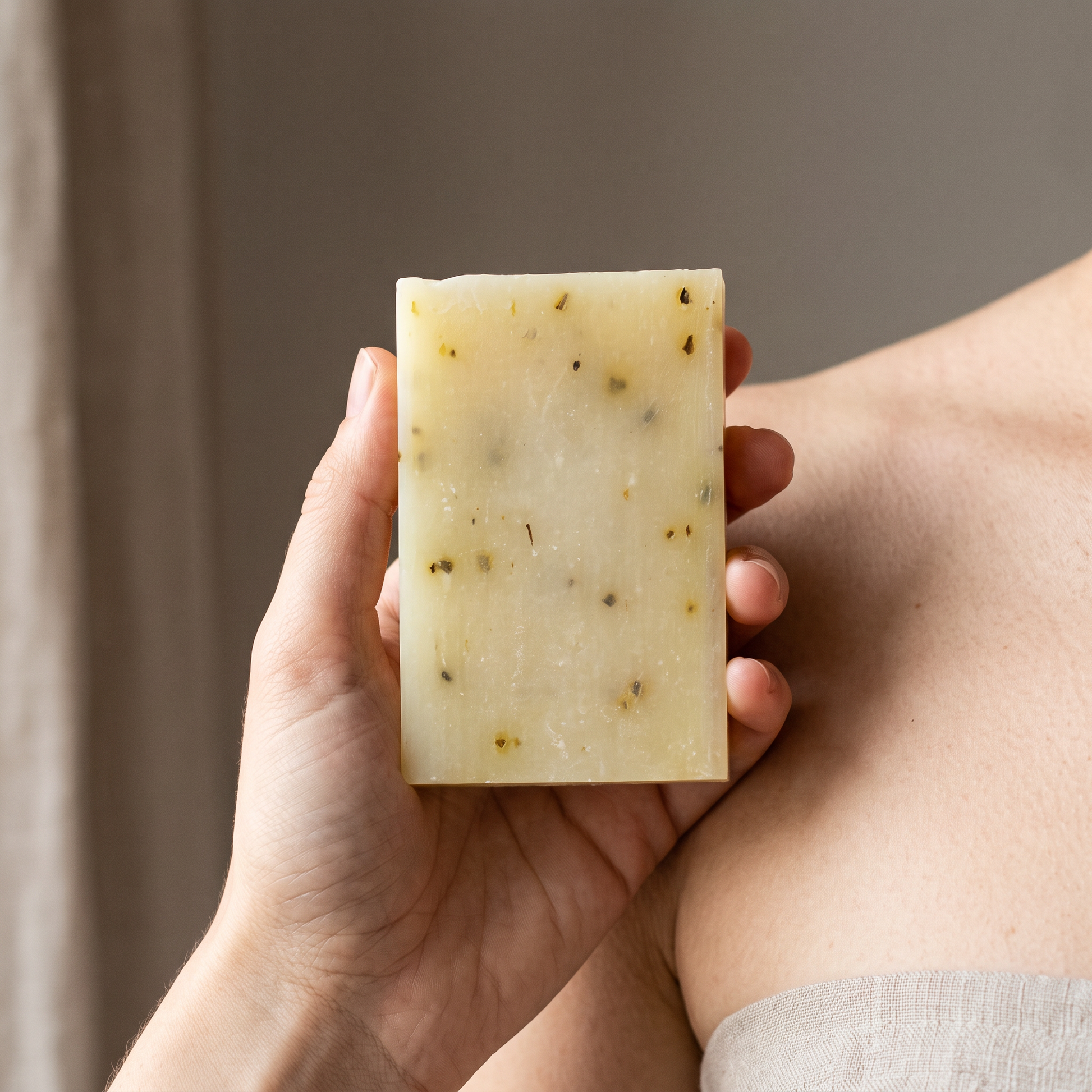 Hand holding Avlia Tea Tree & Niacinamide Soap Bar showing actual size