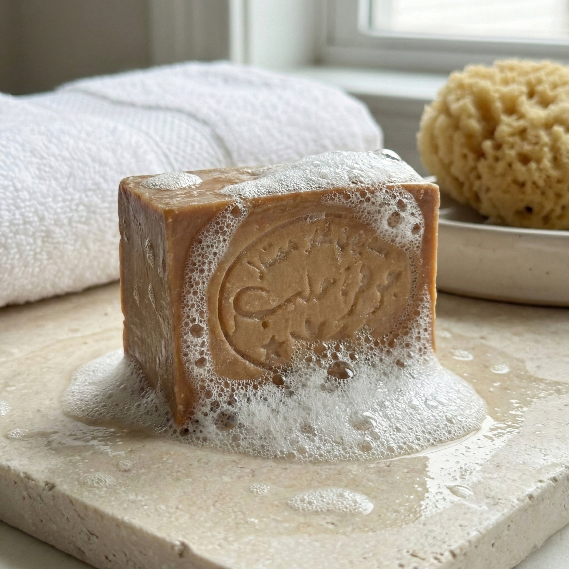 Handmade 10% Laurel Oil Aleppo soap bar with traditional stamp and rich bubbly lather on a stone bathroom counter