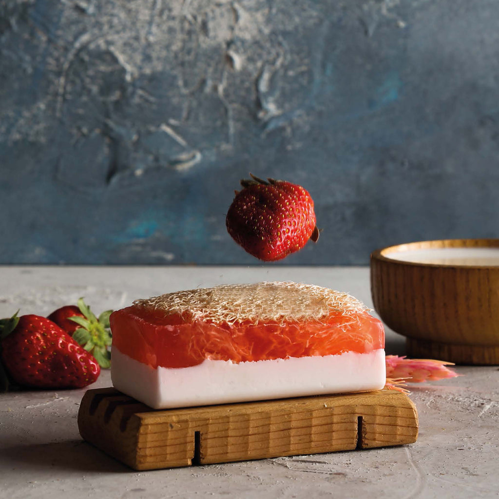 Handmade donkey milk and strawberry loofah soap