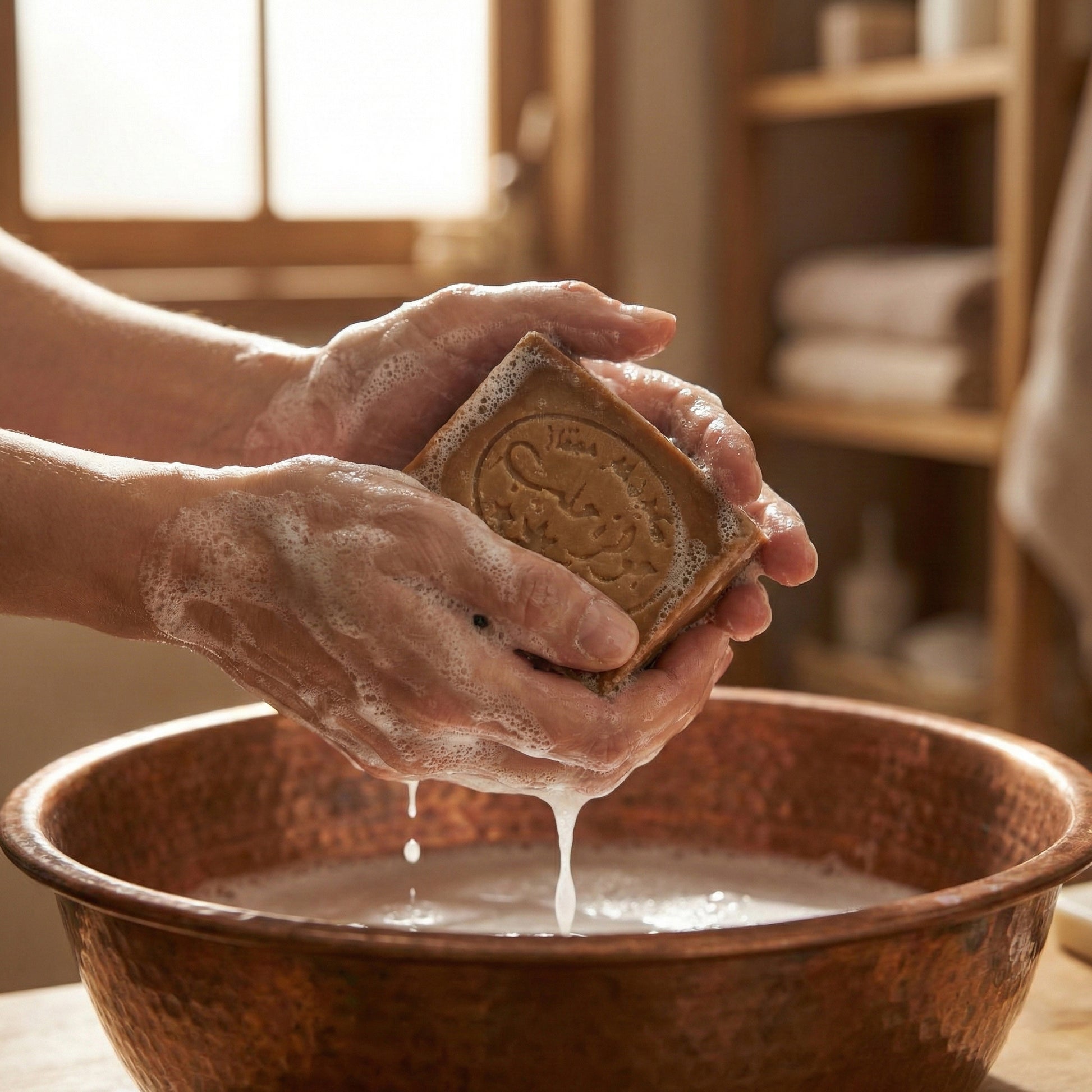 Hands Lathering Traditional Aleppo Soap Bar with Arabic Script Over Hammered Copper Basin in Sunlit Rustic Bathroom