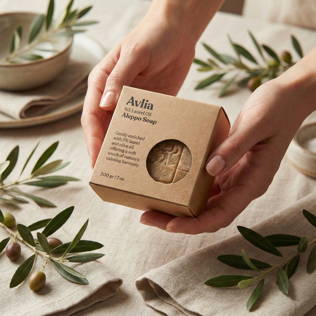 Hands holding Avlia 5% Laurel Oil Aleppo Soap cardboard box on white linen with olive branches