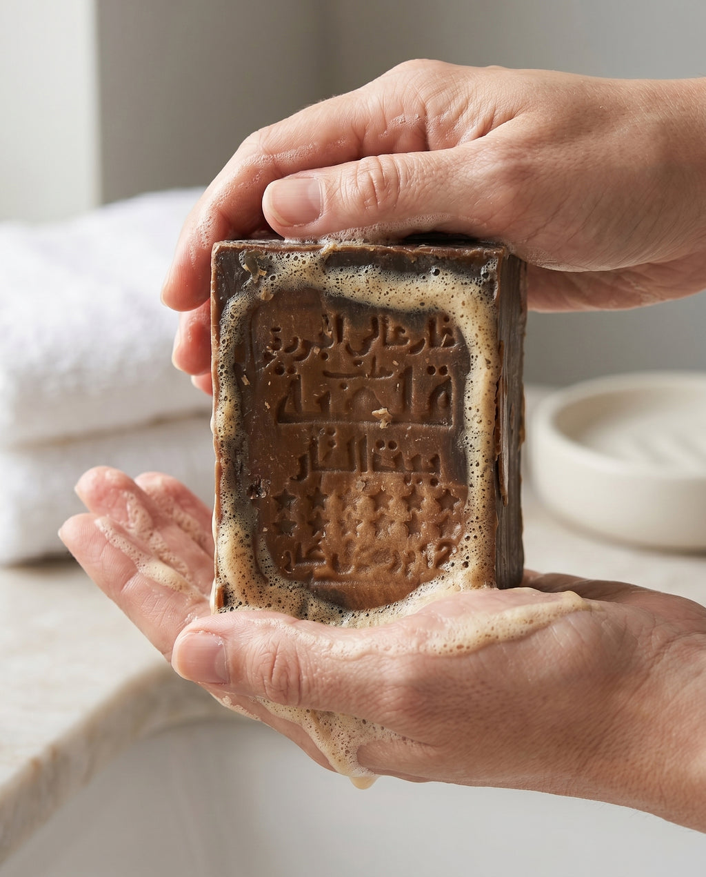 Hands lathering Avlia 50% Laurel Oil Aleppo Soap, creamy natural foam from handmade olive oil and laurel oil cold-process soap bar