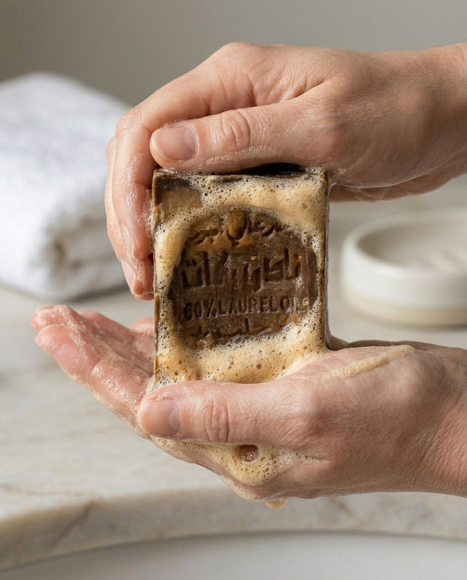 Hands lathering Avlia 60% Laurel Oil Aleppo Soap, creamy natural foam from handmade olive oil and laurel oil cold-process soap bar