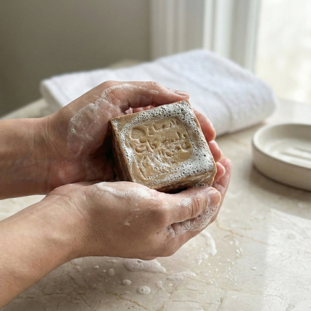 Hands lathering a square brown Aleppo soap bar with an Arabic stamp, held over a wet marble counter with foam. A white towel and soap dish are in the background by a window
