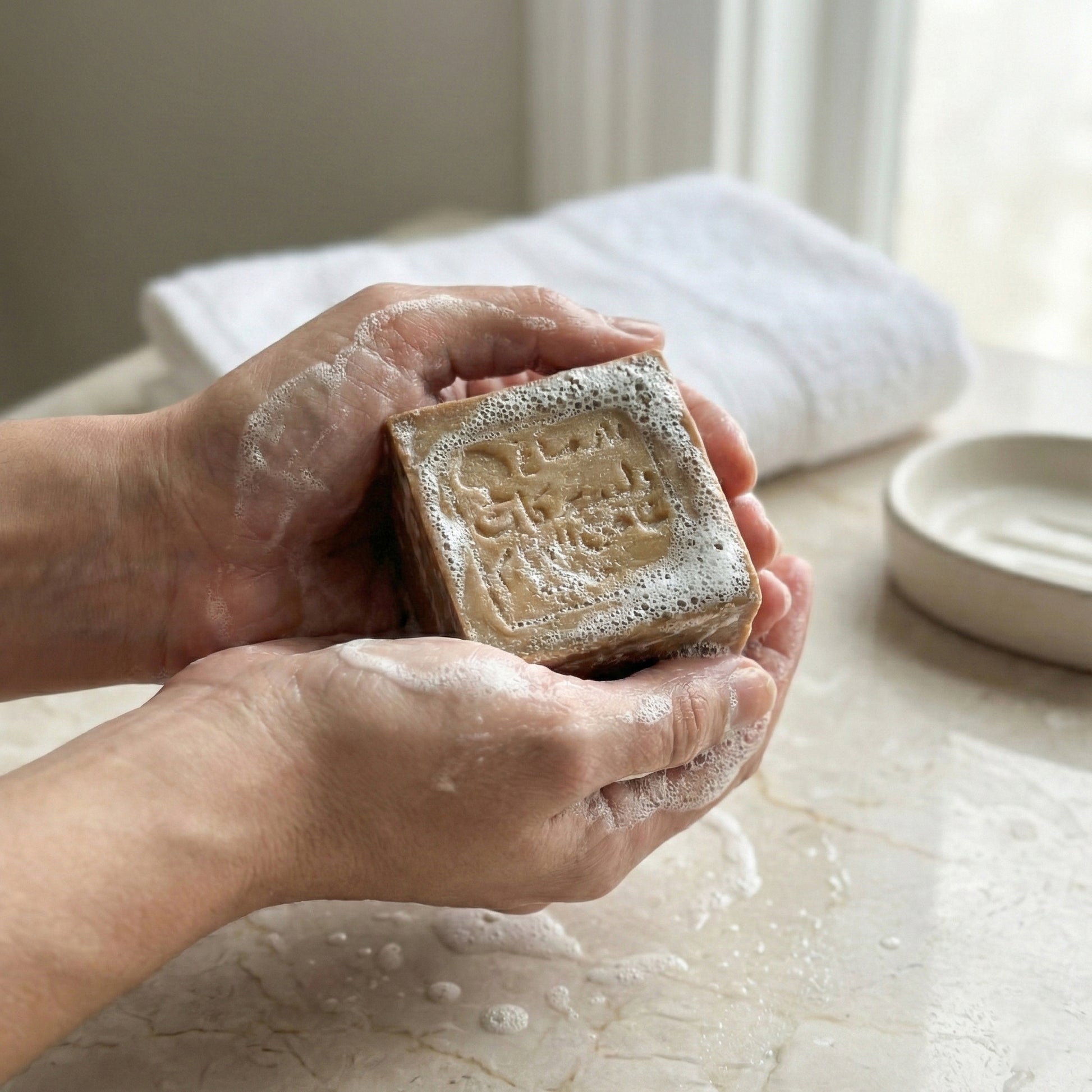 Hands lathering a square brown Aleppo soap bar with an Arabic stamp, held over a wet marble counter with foam. A white towel and soap dish are in the background by a window